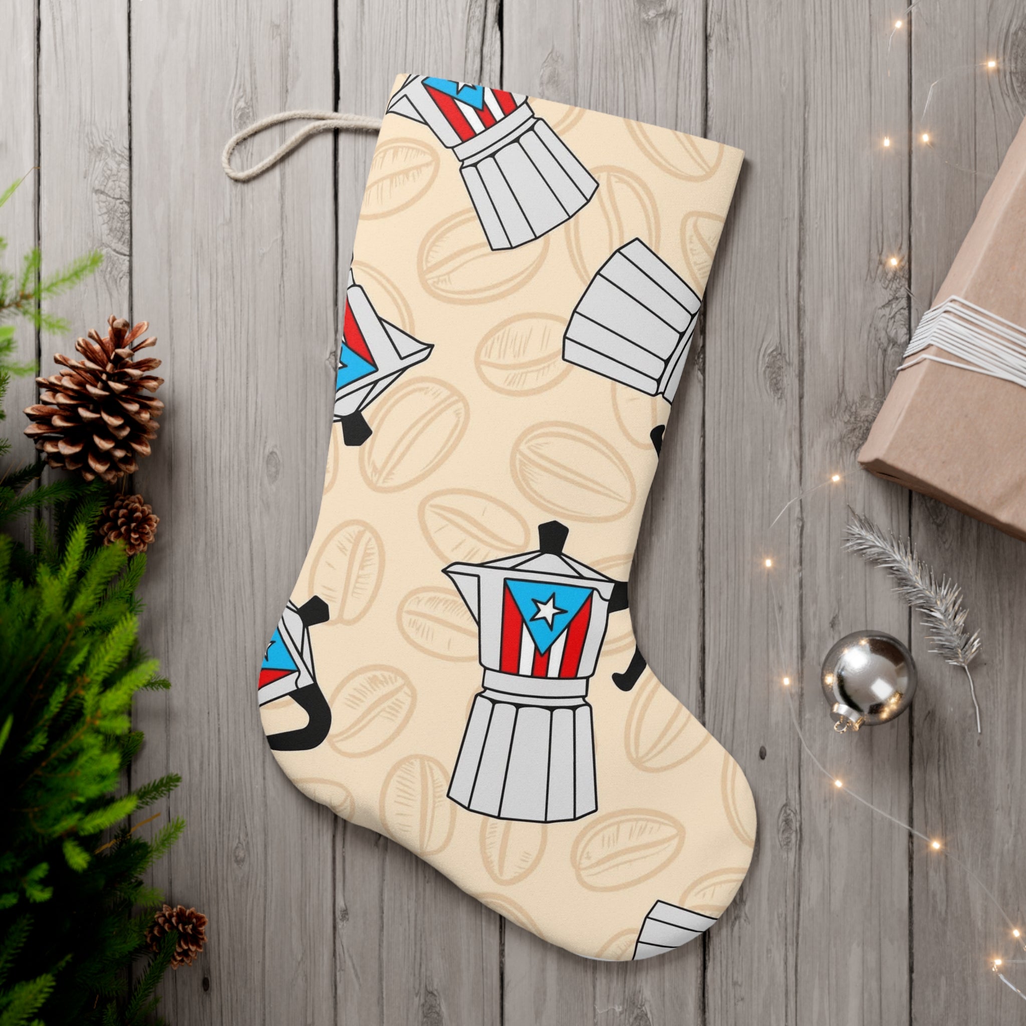 Puerto Rican Coffee Maker Christmas Stocking, Festive Holiday Decor, Stocking Stuffers, Unique Gift for Coffee Lovers, Merry Xmas Decoration