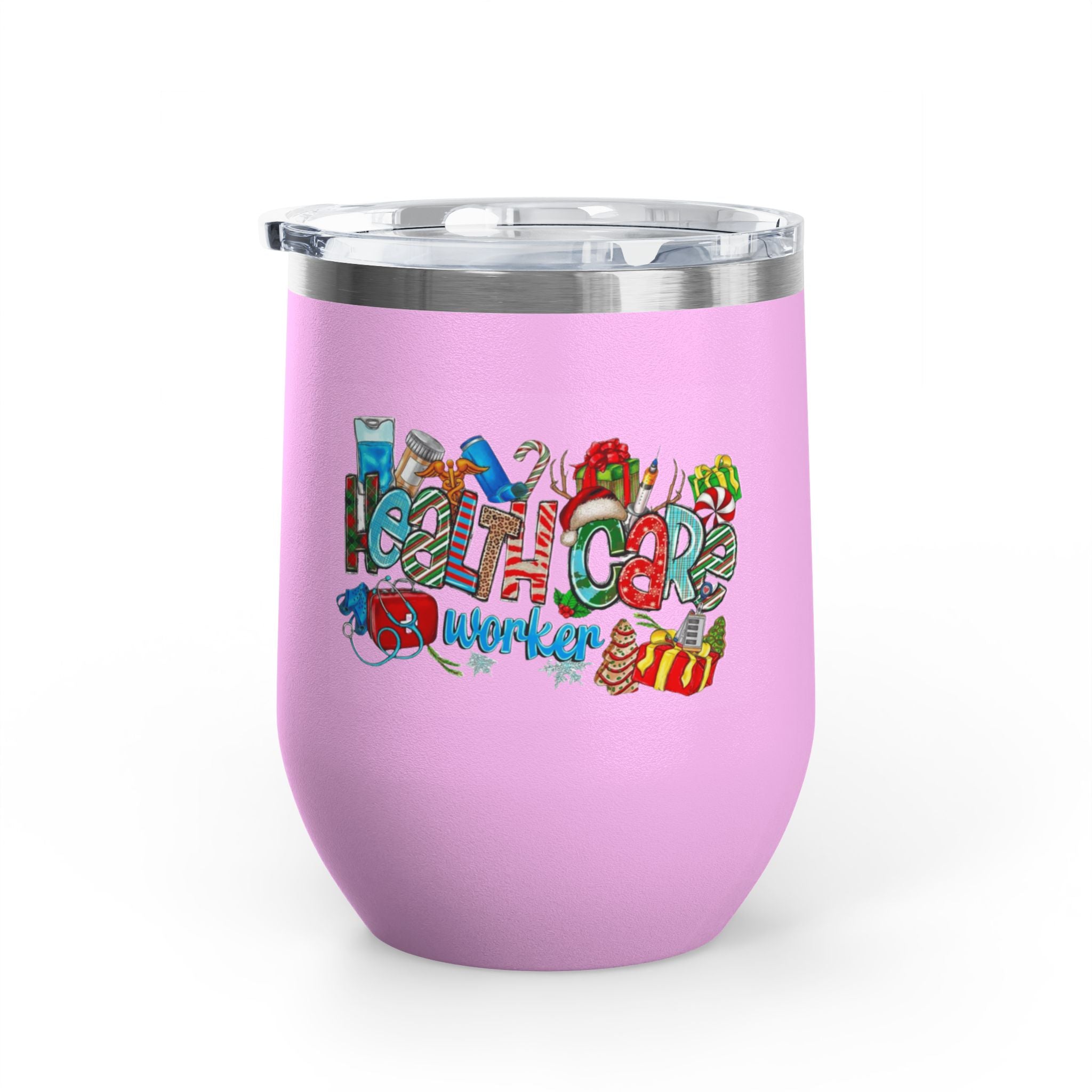 Healthcare Worker 12oz Wine Tumbler — Colorful Holiday Medical Staff Gift Medical Christmas Mug