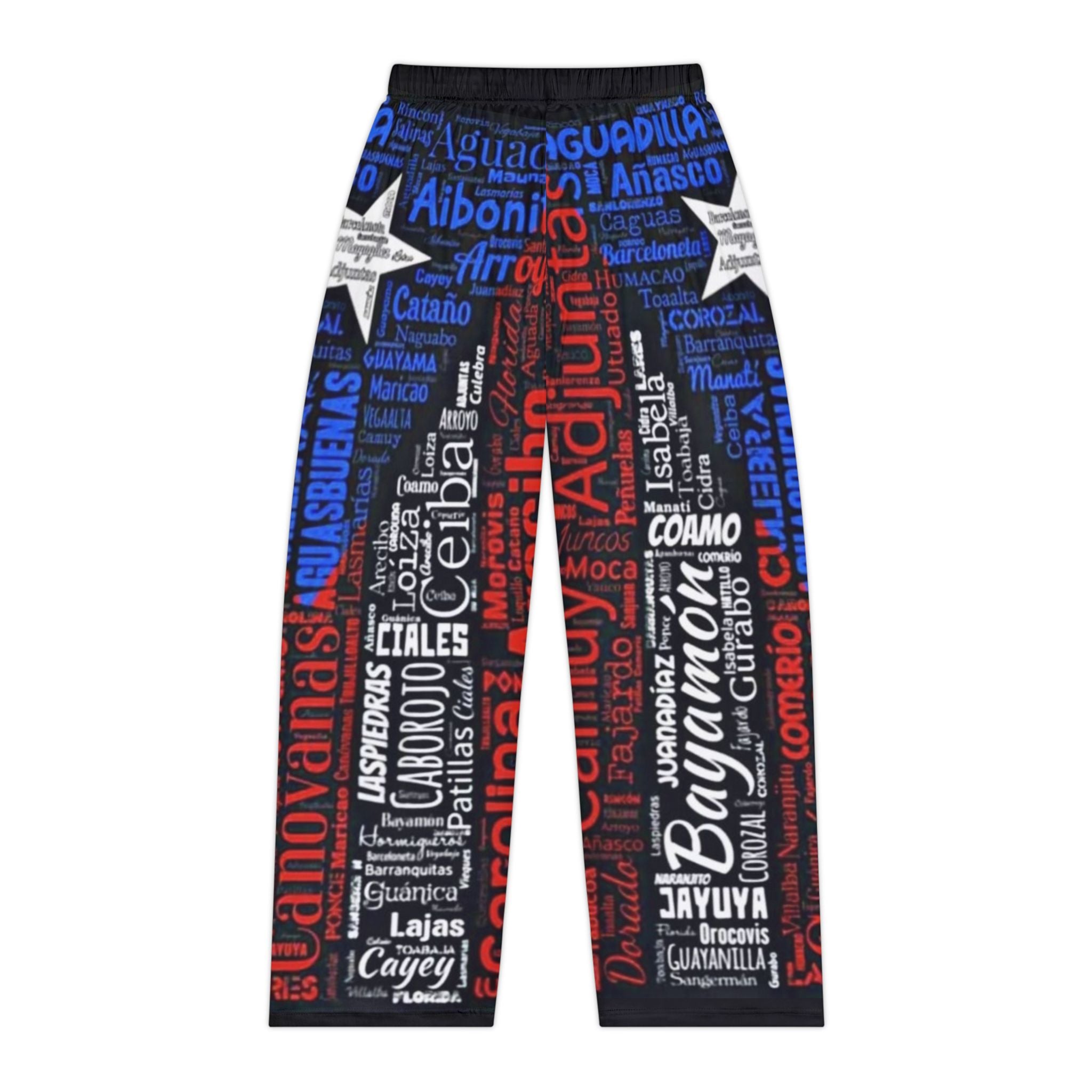 Puerto Rico Wordcloud Pajama Pants — Red White & Blue Island City Names  Puerto Rico–inspired Christmas pajamas