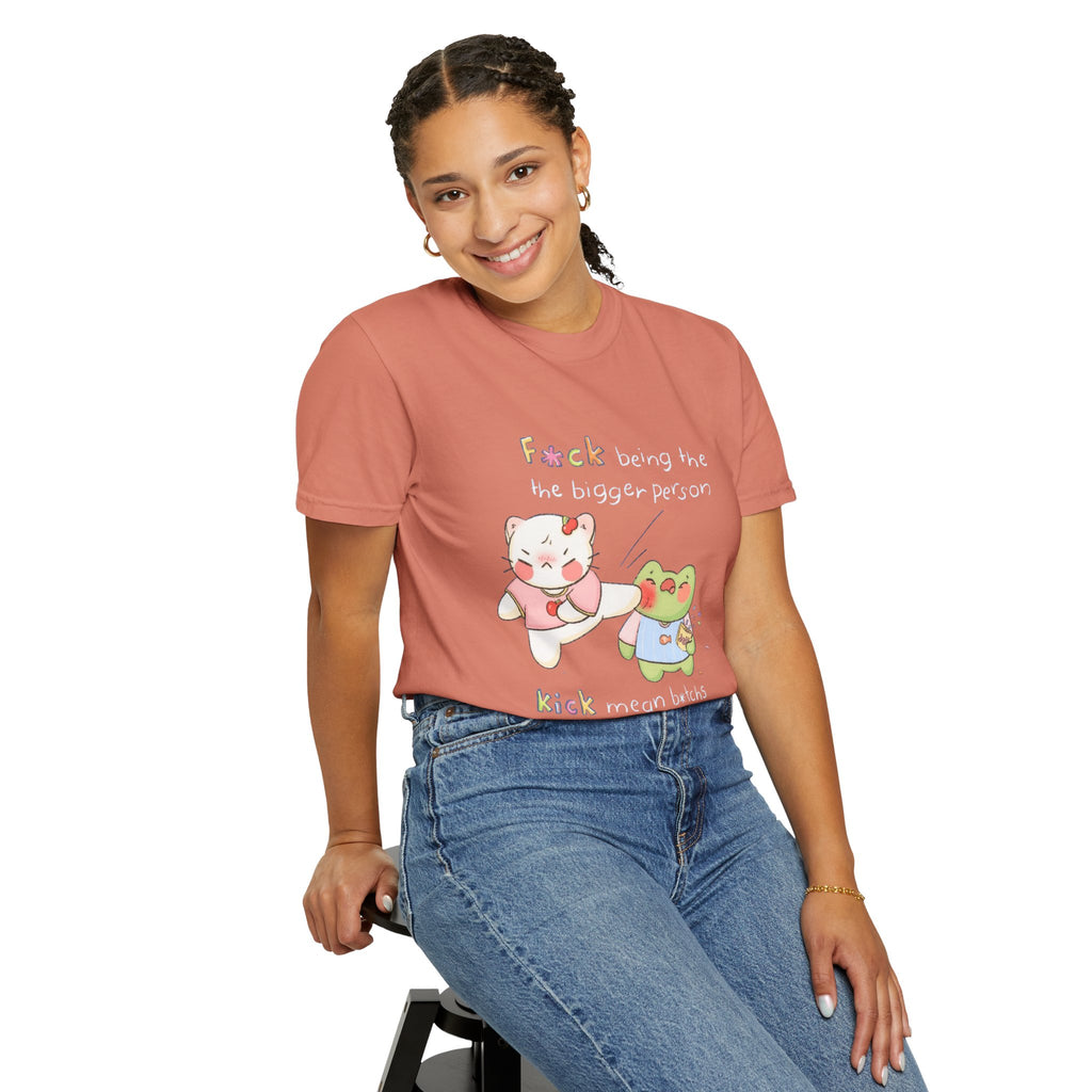 Graphic T-Shirt  Cute Kicking Cat & Frog with 'F*ck Being The Bigger Person' Slogan