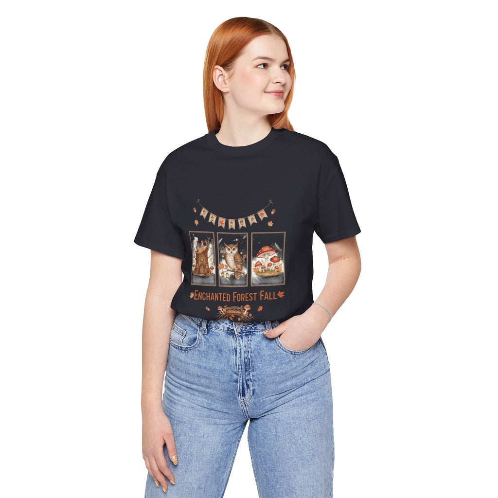 Enchanted Forest Fall Tee, Cute Owl Shirt, Autumn Graphic Tee, Nature Lover Gift, Cozy Fall Apparel, Wildlife T-Shirt, Unisex Fall Top