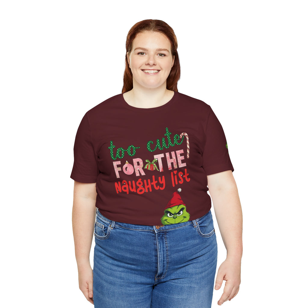 Christmas T-Shirts and Sweatshirts Collection Cute Grinch Holiday Tee 'Too Cute for the Naughty List' Unisex Jersey T-Shirt