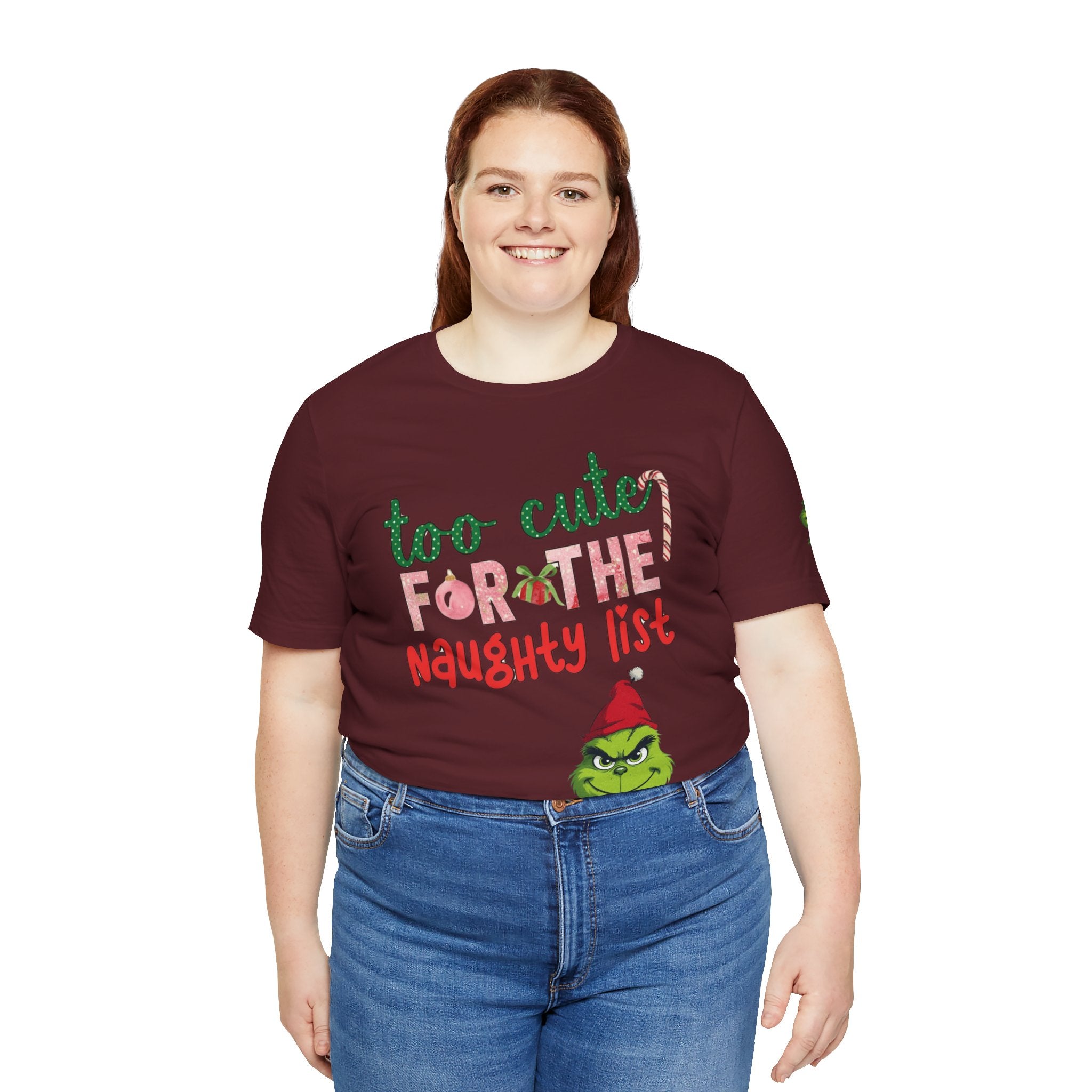 Christmas T-Shirts and Sweatshirts Collection Cute Grinch Holiday Tee 'Too Cute for the Naughty List' Unisex Jersey T-Shirt