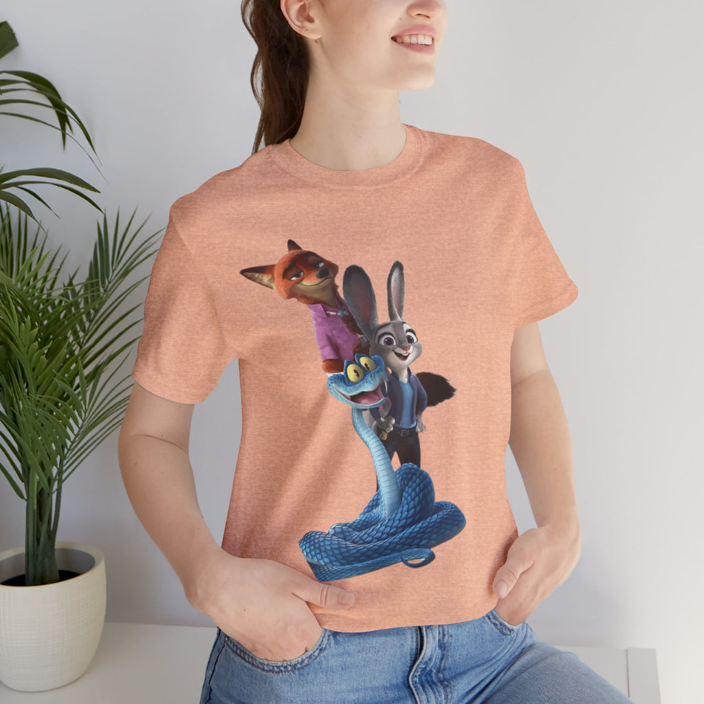 Animated Character Tee — Cute Fox & Bunny Stack Graphic T-Shirt  cartoon-style Christmas artwork