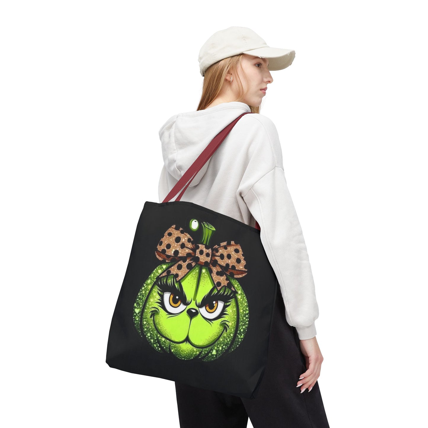 Grinch-Inspired Tote Bag with Polka Dot Bow Christmas Tote Bag Festive Holiday Design