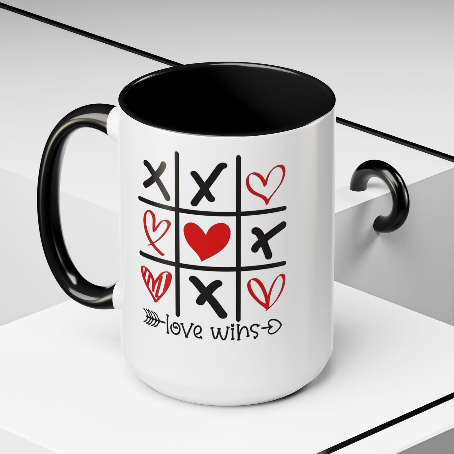 Love Wins Tic-Tac-Toe Heart Accent Coffee Mug — Romantic Valentine 11/15oz