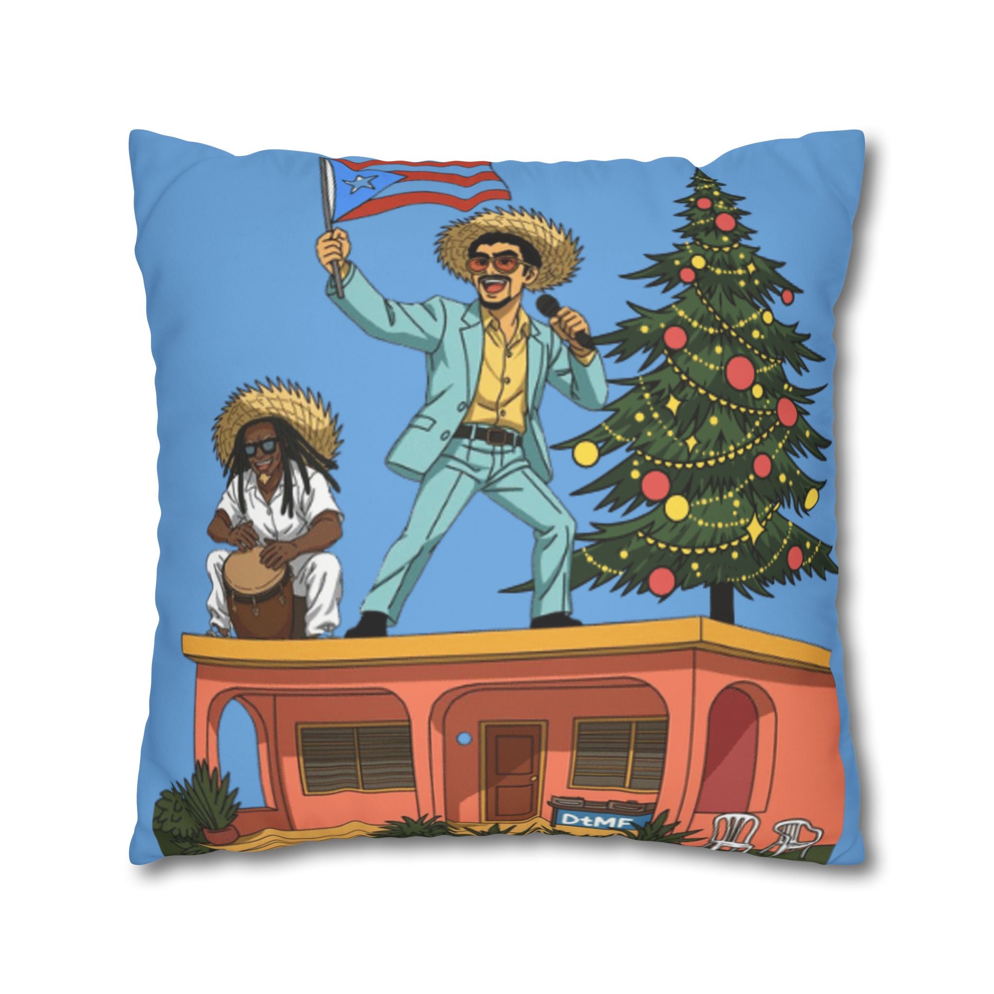 Holiday Vibes Pillow — Festive Duo Singing on Rooftop Christmas Throw Pillow Puerto Rico Culture Pillow