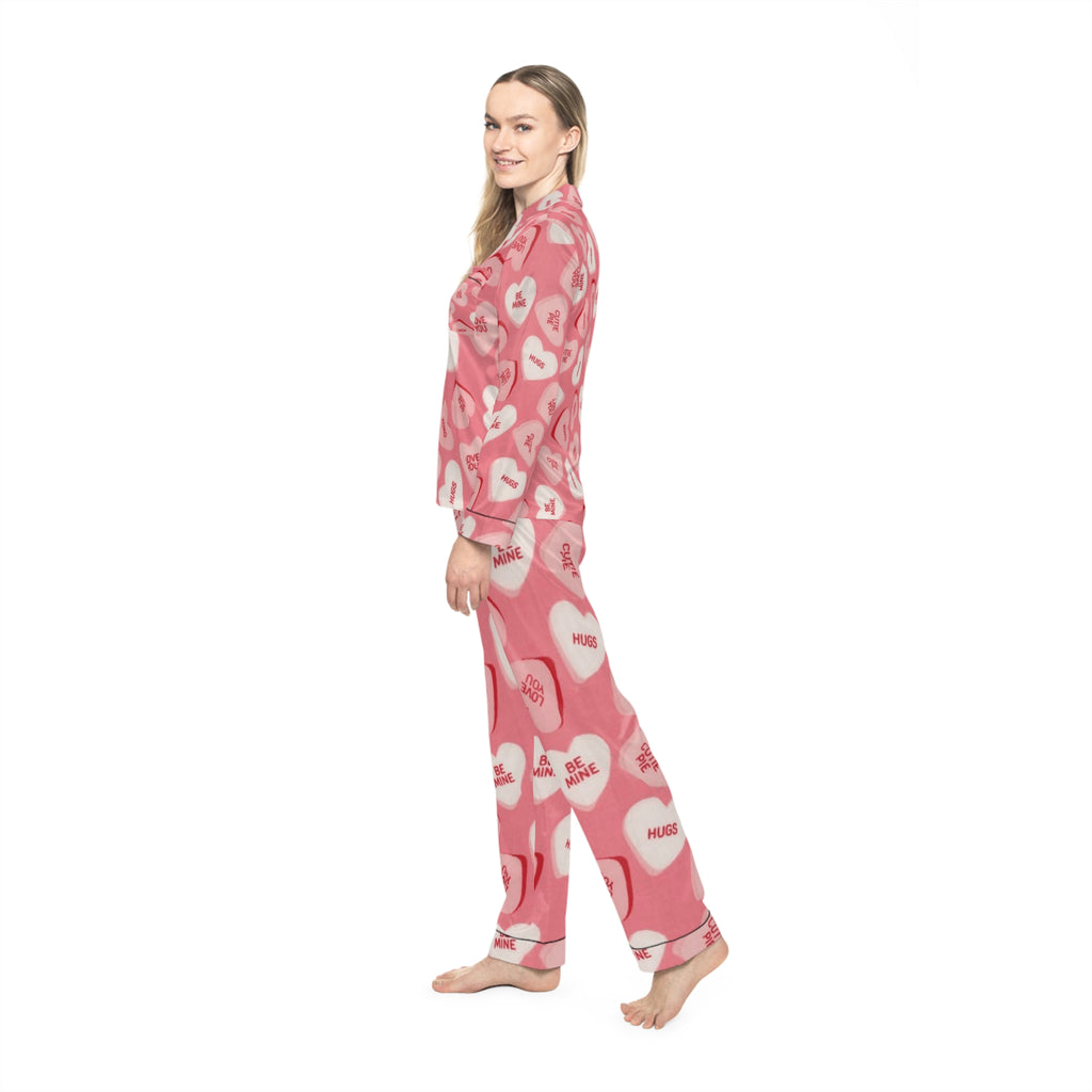 Valentine's Heart Satin Pajama Set — Pink Conversation Hearts Sleepwear