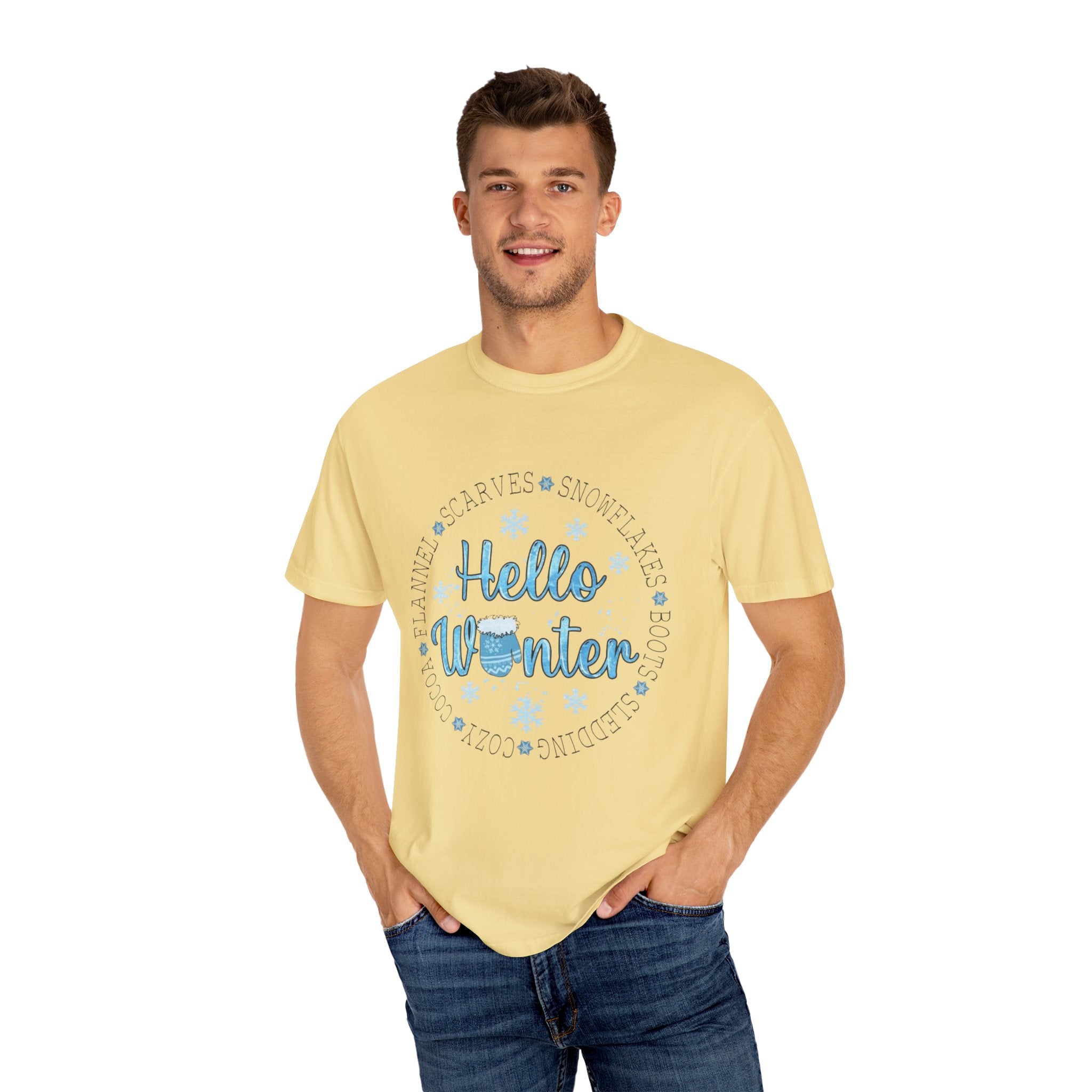 Hello Winter T‑Shirt  Cozy Snowflake Holiday Tee Christmas T-Shirts and Sweatshirts Collection