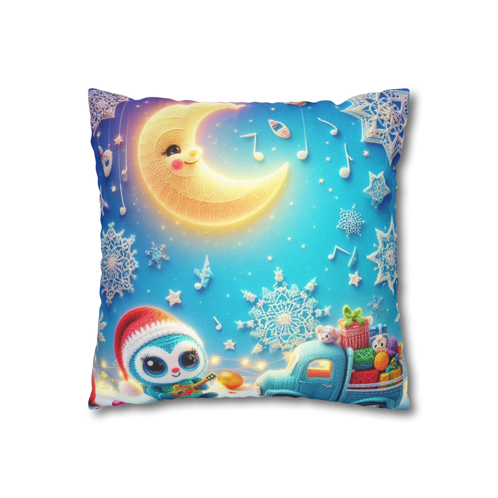 Whimsical Moon & Penguin Holiday Pillowcase  Faux Suede Square Throw Pillow