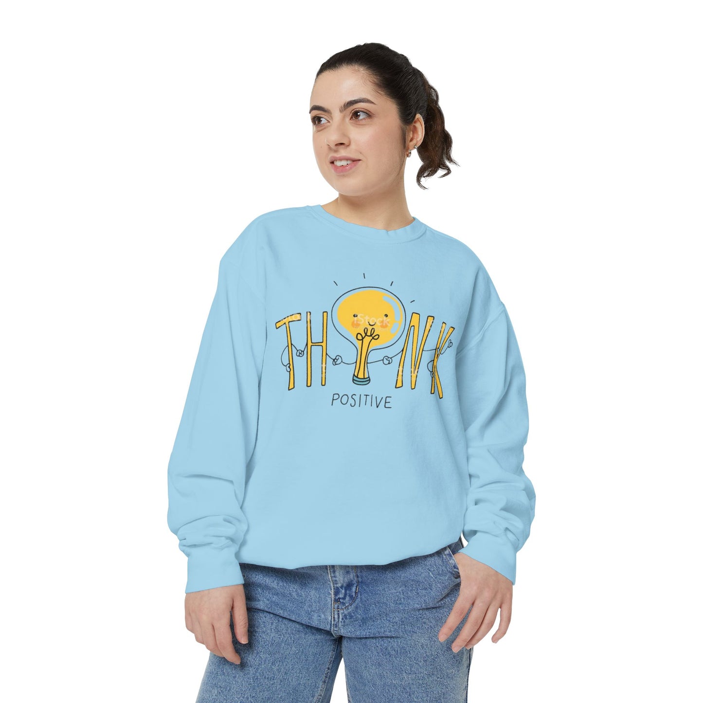 Think Positive Sweatshirt  Cute Lightbulb Graphic Positive Vibes Crewneck