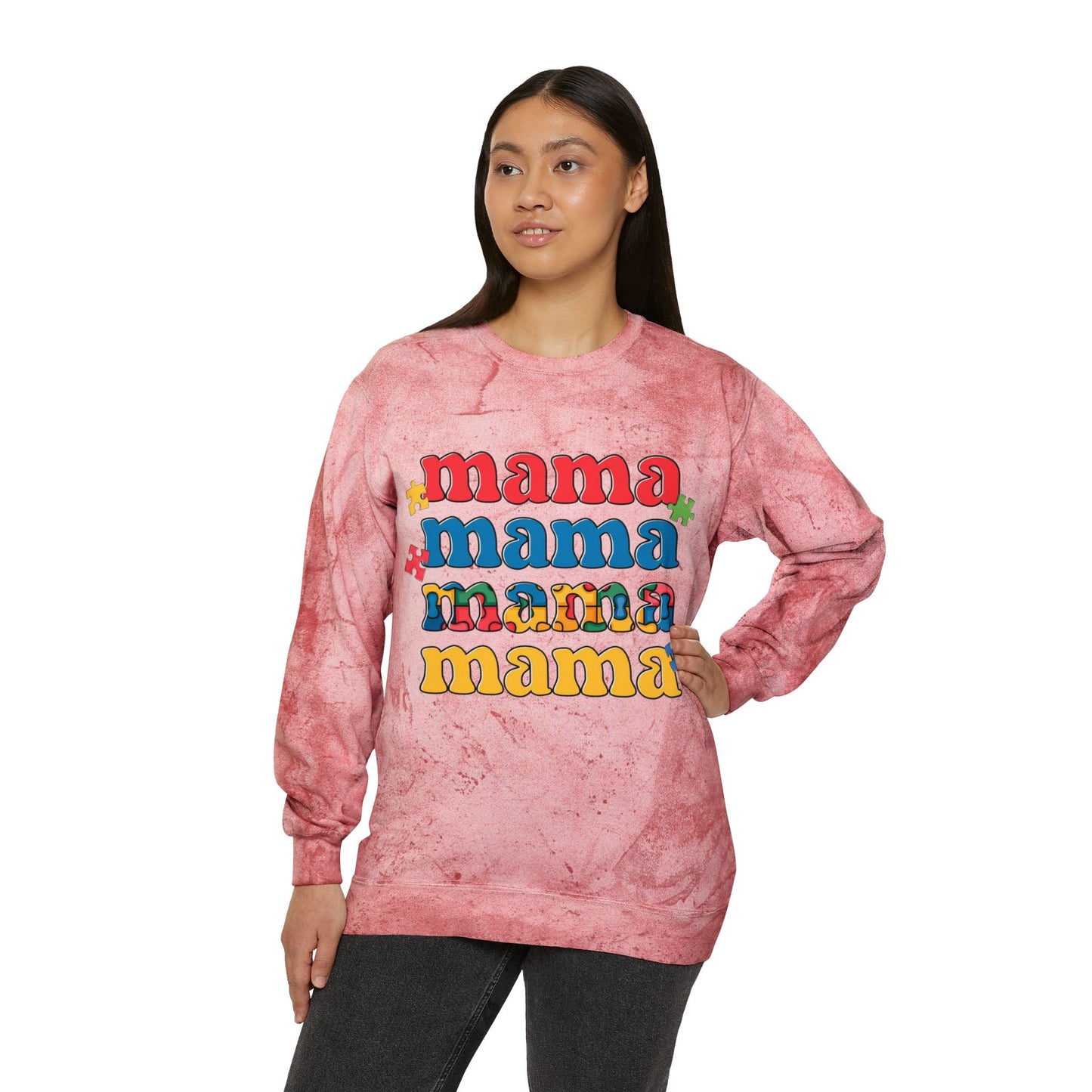 Autism Awareness & Pride Collection Mama Color Blast Crewneck Sweatshirt - Unisex Tie-Dye Style