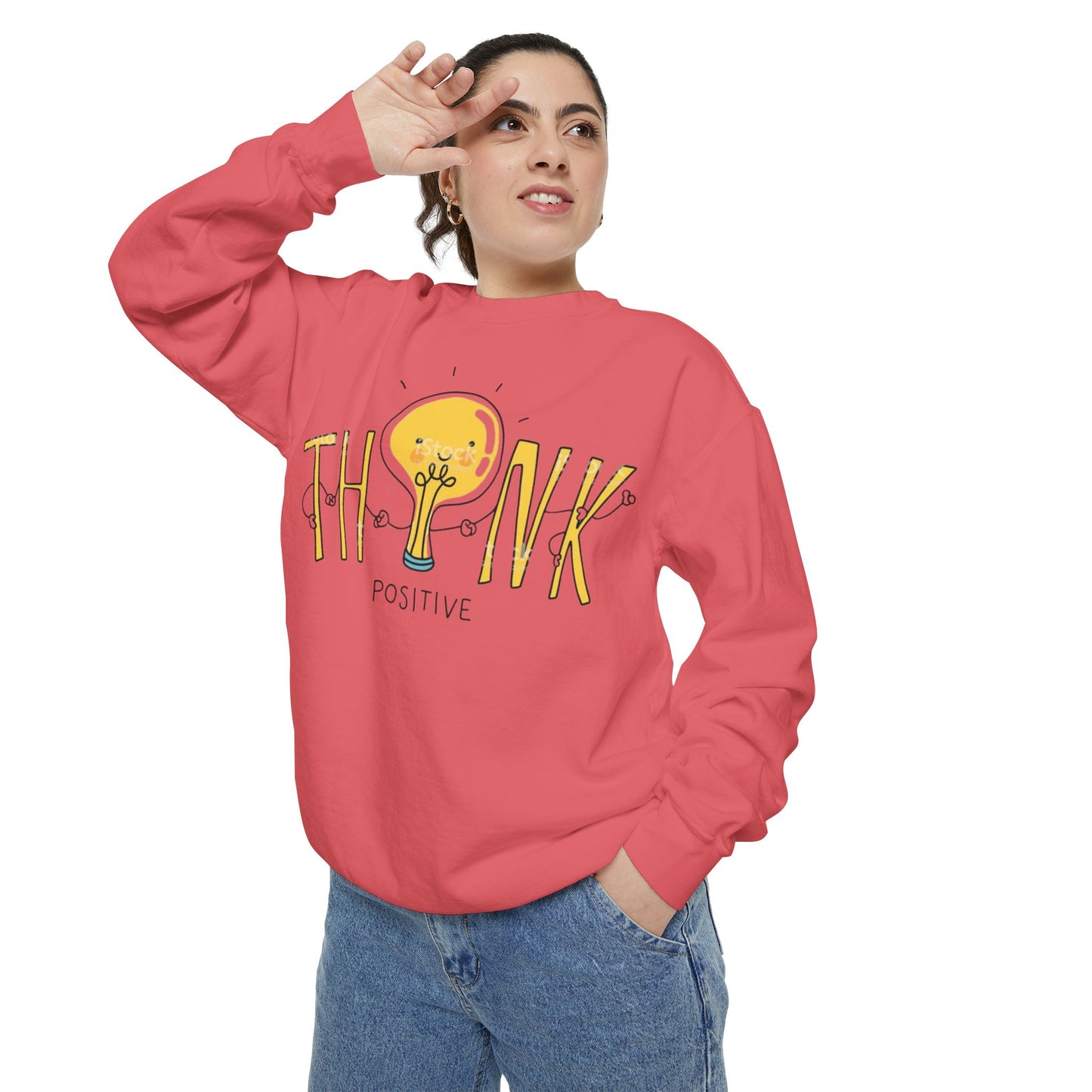 Think Positive Sweatshirt  Cute Lightbulb Graphic Positive Vibes Crewneck