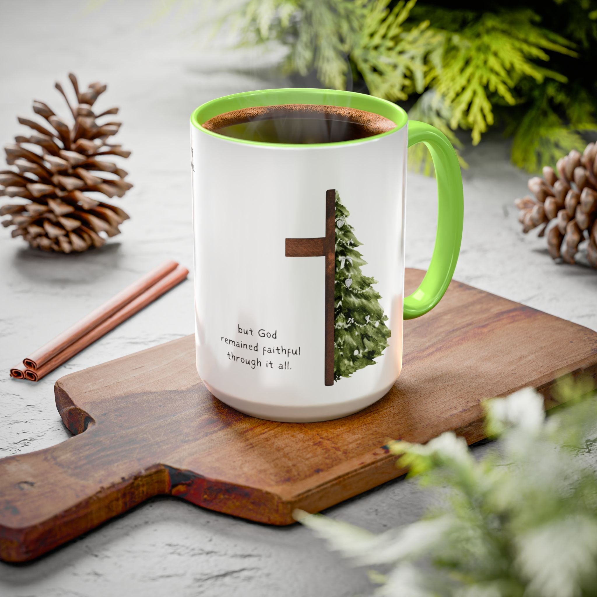 Christian Cross & Pine Tree Mug — Faith Reminder Coffee Cup (11oz/15oz)