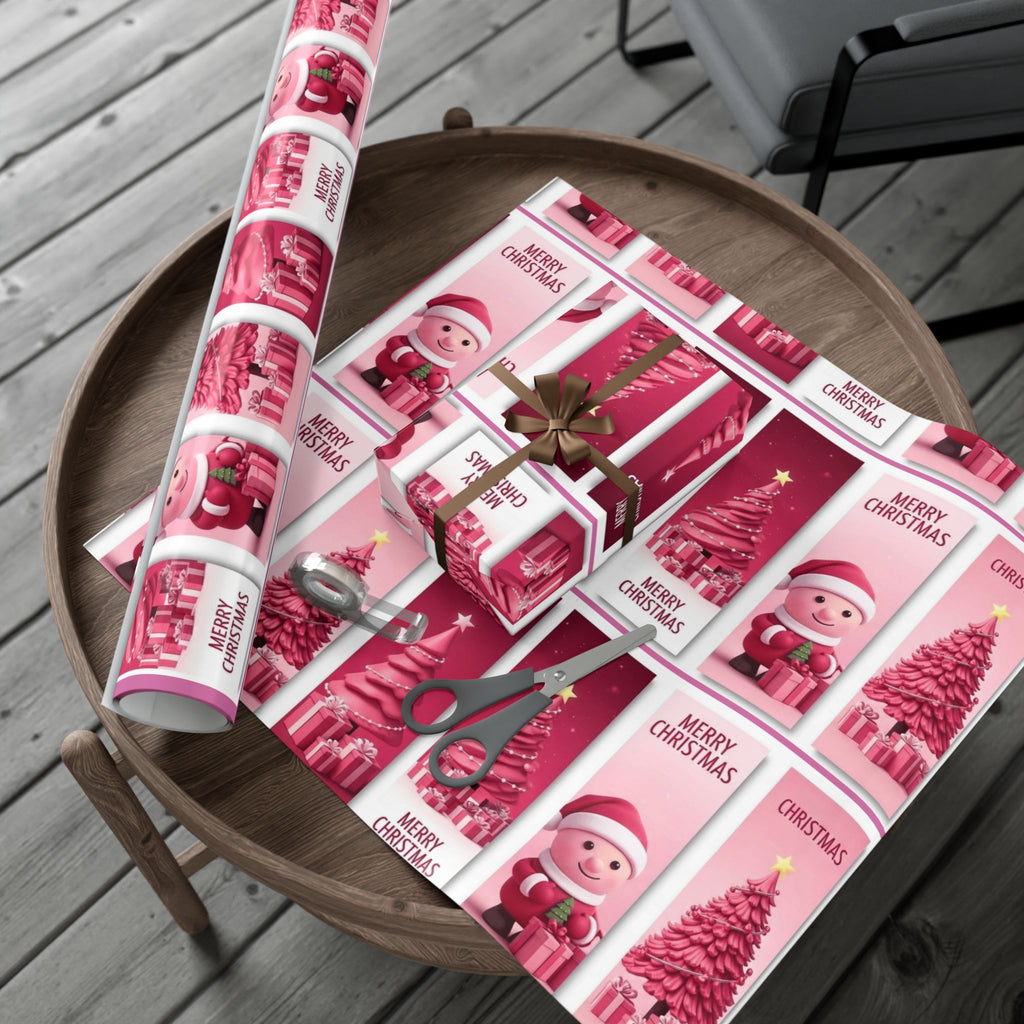Christmas Gift Wrap Paper - Pink Merry Christmas Star & Tree Holiday Wrapping Sheets