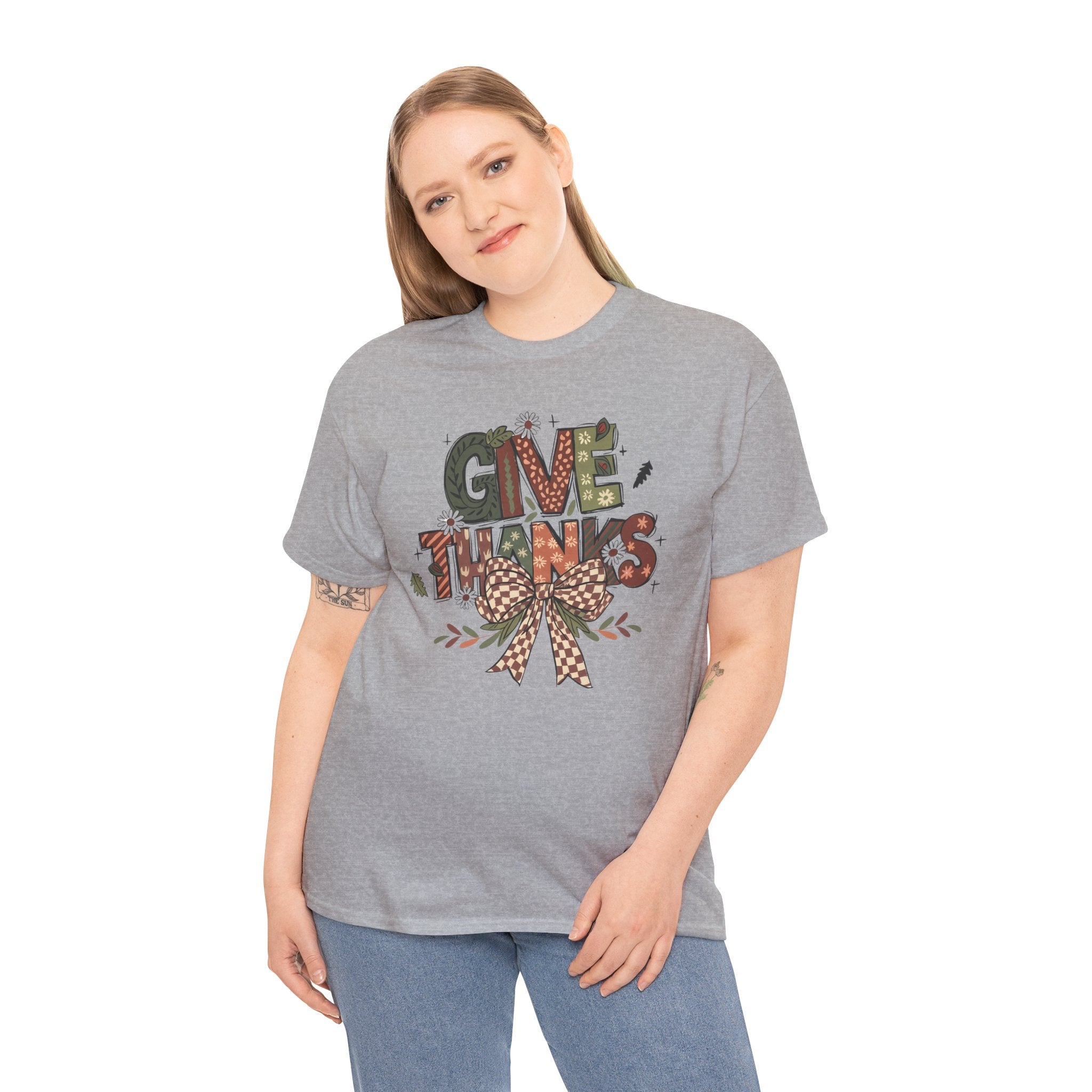 Give Thanks Tee Thanksgiving Graphic T-Shirt with Rustic Bow Design