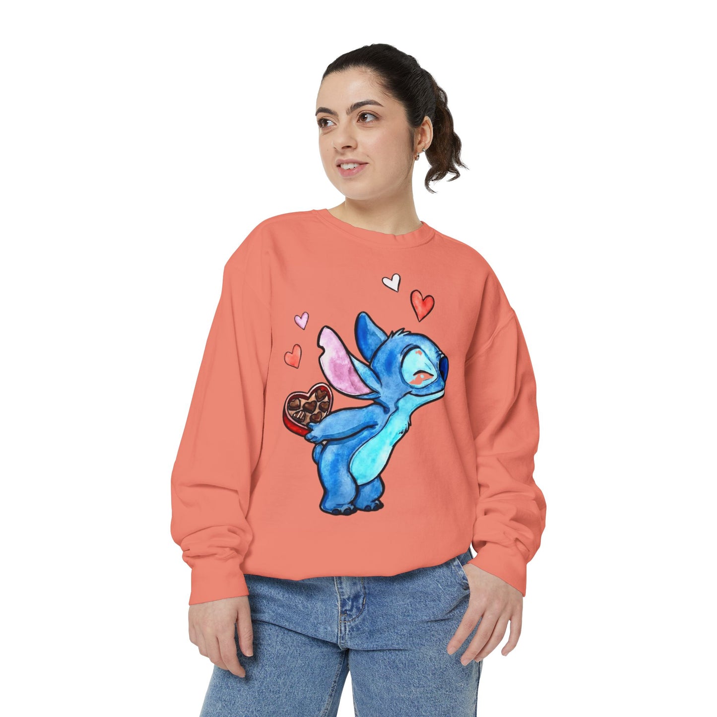 Stitch Valentine Sweatshirt — Cute Blue Alien with Hearts & Chocolate Pocket