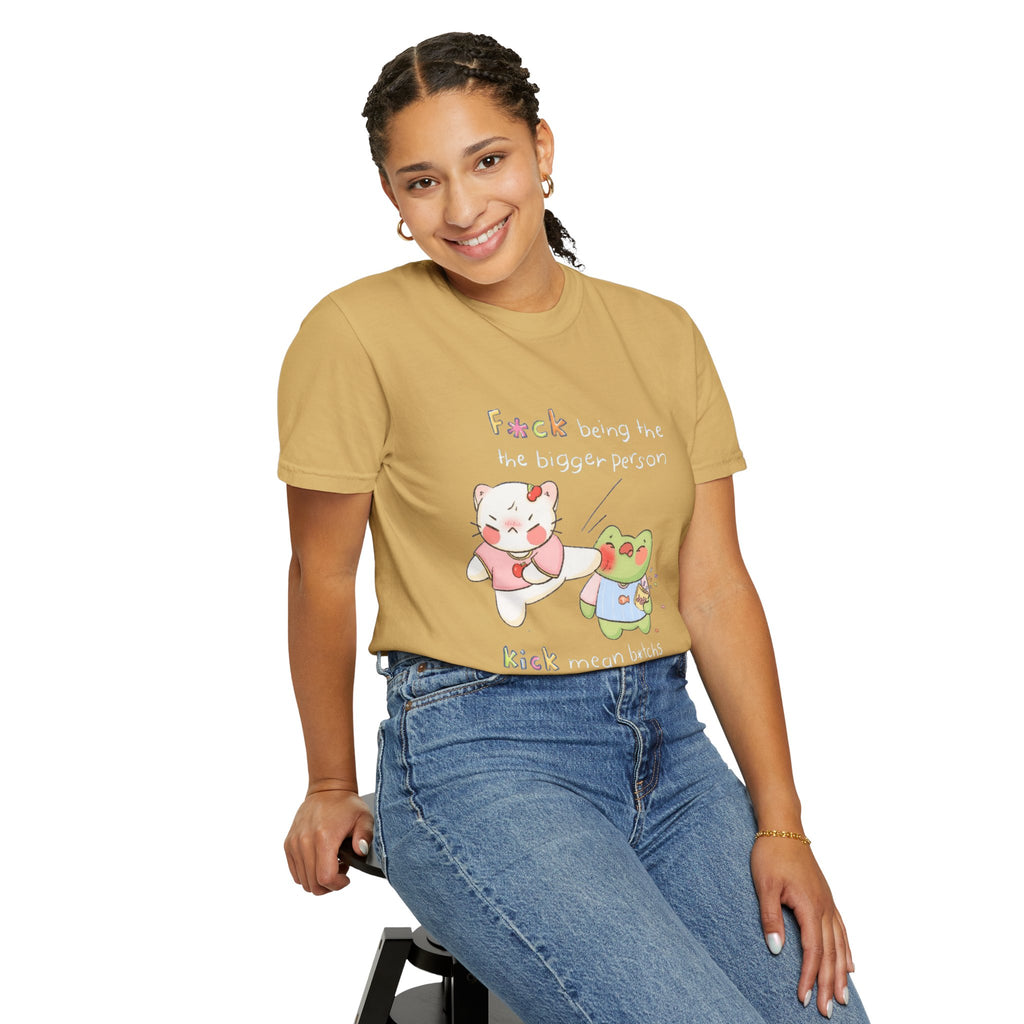 Graphic T-Shirt  Cute Kicking Cat & Frog with 'F*ck Being The Bigger Person' Slogan