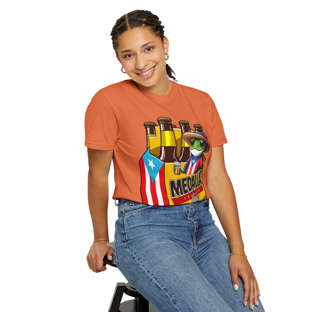 Medalla Light Puerto Rican Beer T-Shirt Coqui Frog Mascot Six-Pack Graphic Tee Puerto Rico’s Navidades