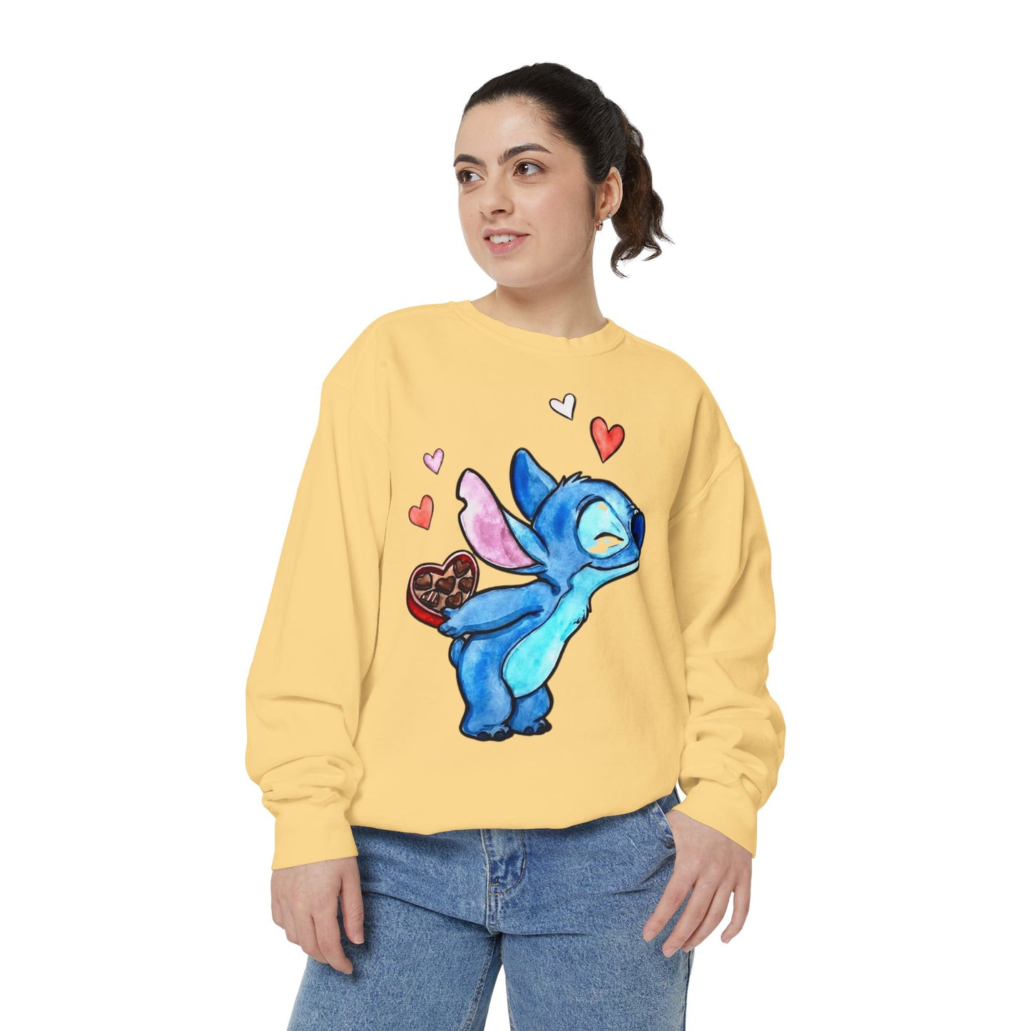 Stitch Valentine Sweatshirt — Cute Blue Alien with Hearts & Chocolate Pocket