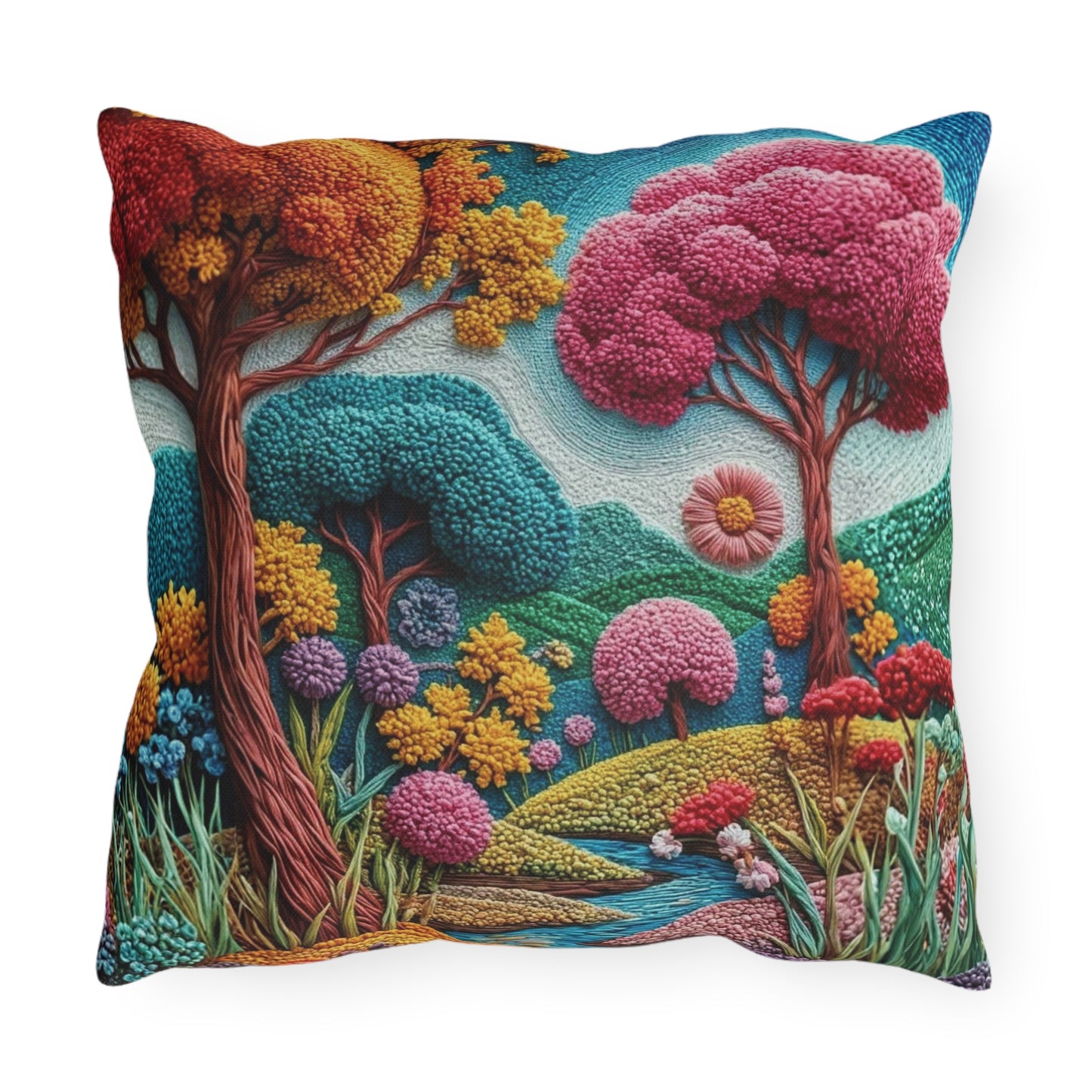 Outdoor Pillow — Colorful Whimsical Garden Landscape Throw Pillow