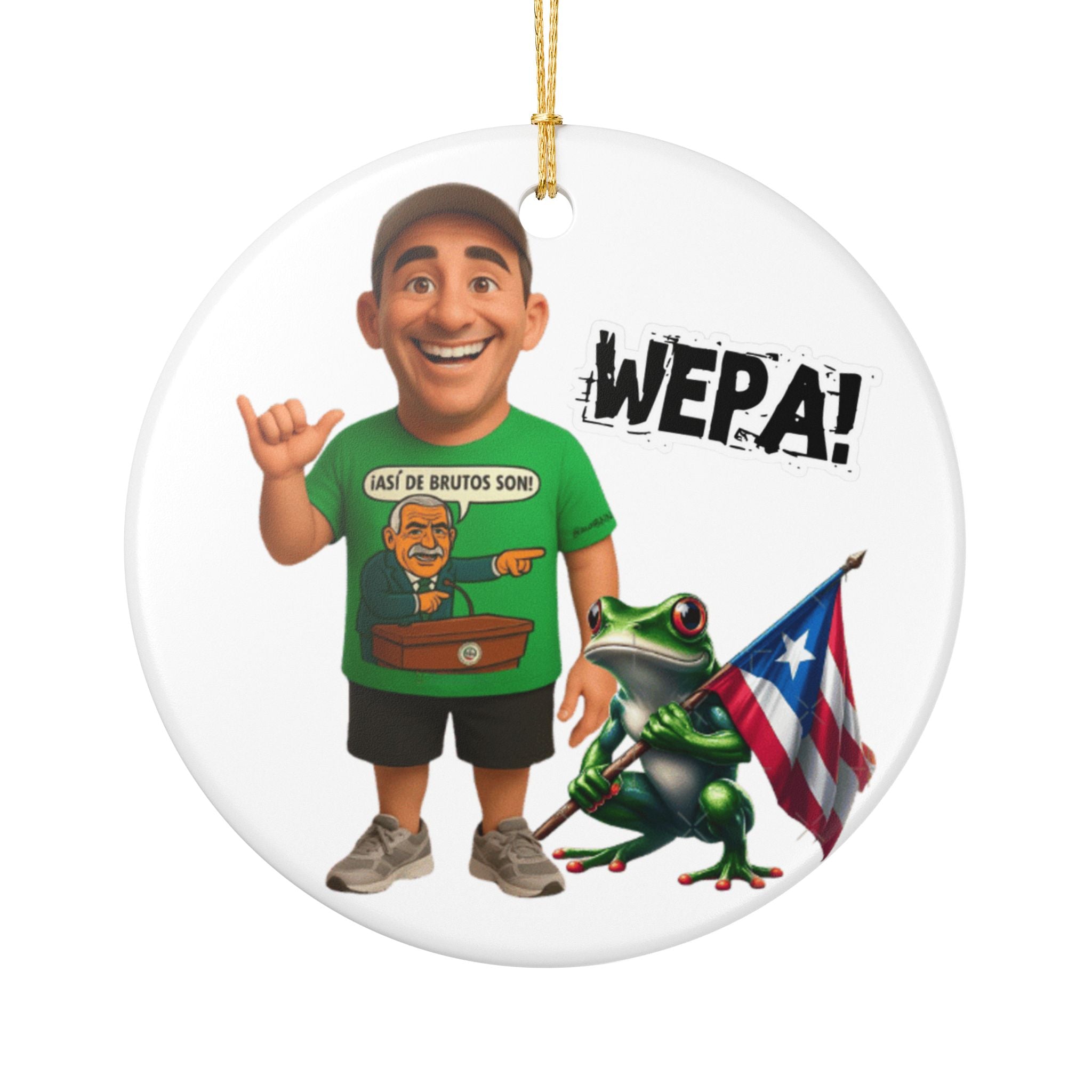 Puerto Rican Wepa! Ceramic Ornament Eliezer Molina & Coqui Frog with Flag