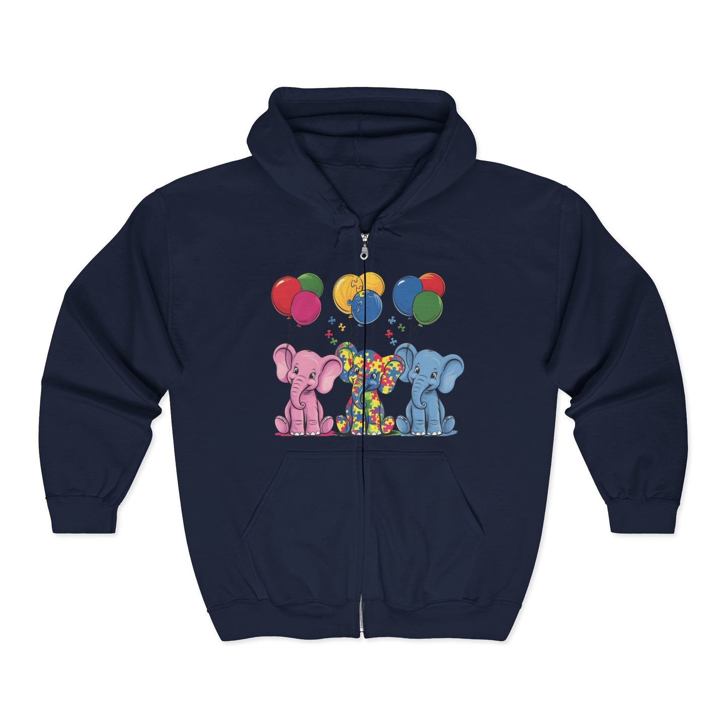 Elephant Balloon Party Hoodie - Fun Unisex Zip Sweatshirt Autism Awareness & Pride Collection.