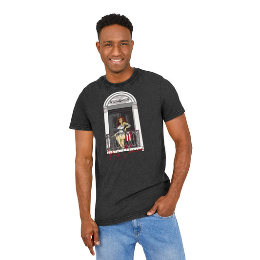 Iris Chacon Orgullo Boricua Chic Acid Washed Tee featuring Balcony Art, Stylish Casual T-Shirt, Graphic Tee for Art Lovers, Cozy Summer Top,