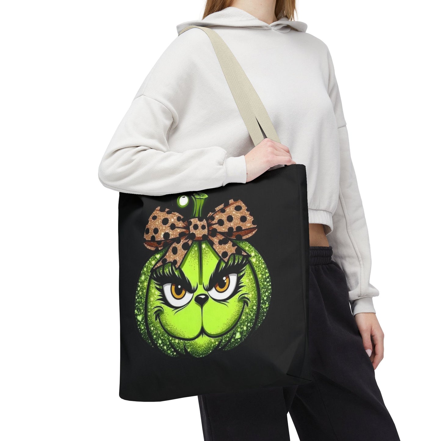 Grinch-Inspired Tote Bag with Polka Dot Bow Christmas Tote Bag Festive Holiday Design
