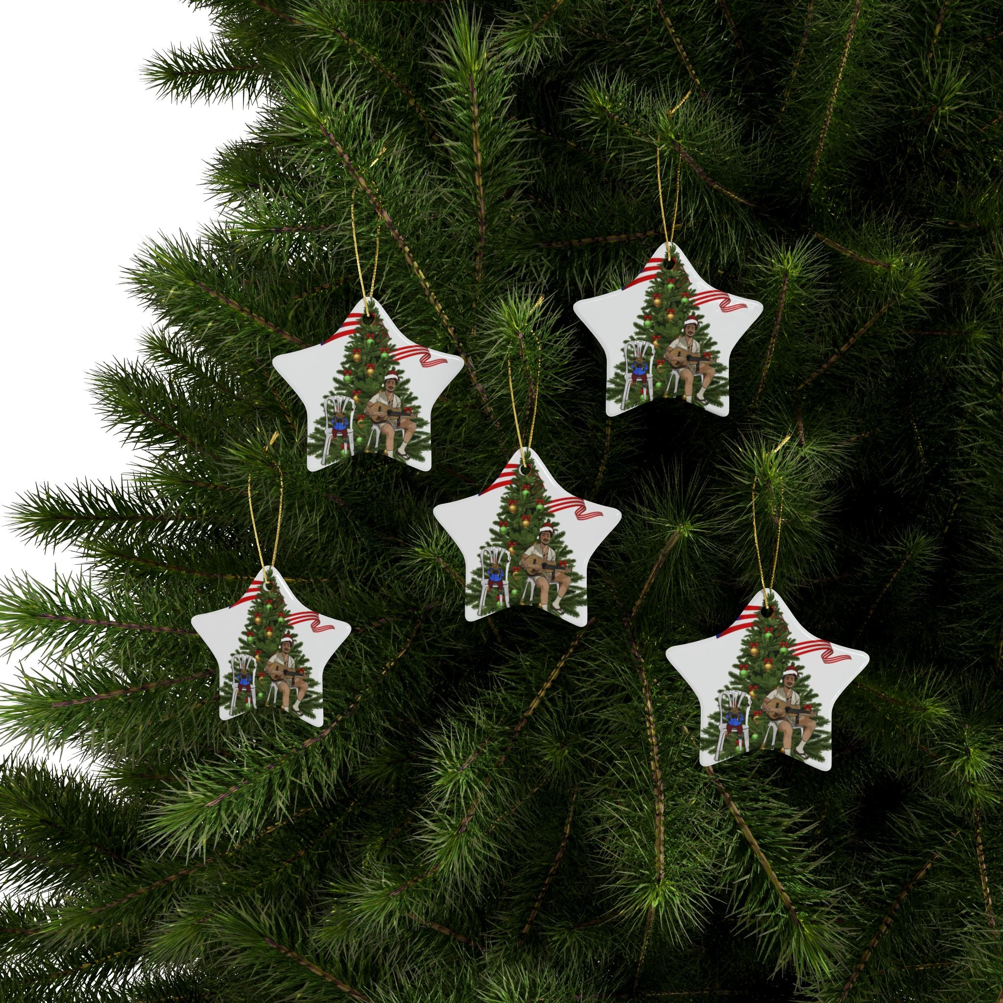 Puerto Rican Christmas Ornament Coquí & Palm Tree Ornament  Festive Tree with Guitarist Ceramic Heart Ornament