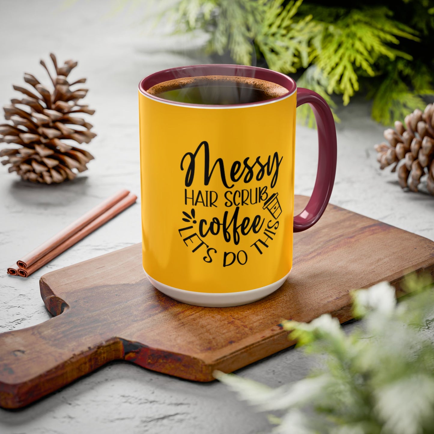 Holiday Coffee Cups with Festive Quotes & Designs Messy Hair Coffee Mug - Fun Yellow Ceramic Cup for Coffee Lovers
