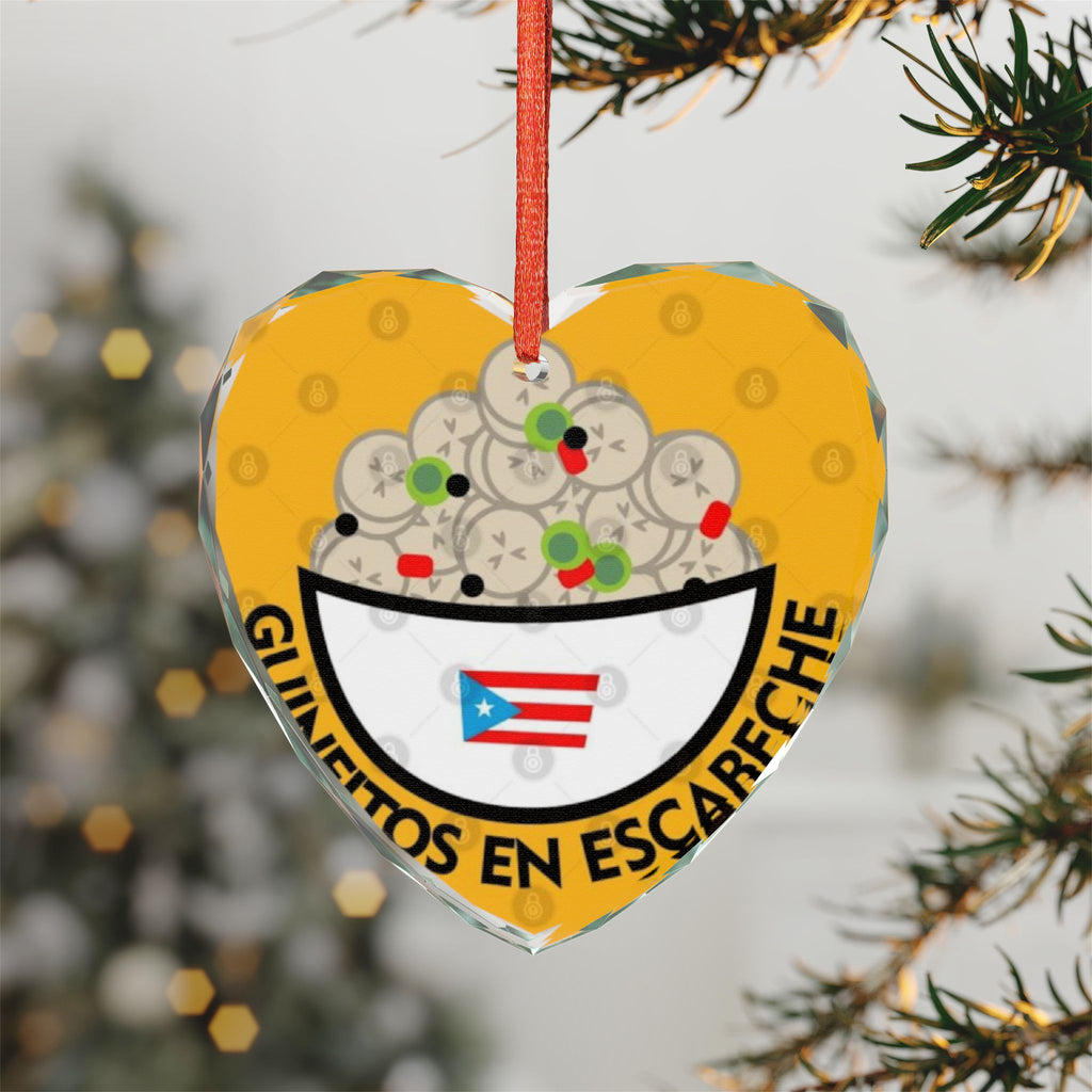 Heart-Shaped Crystal Glass Ornament - Puerto Rican Food Theme Feliz Navidad Boricua Glass Ornament
