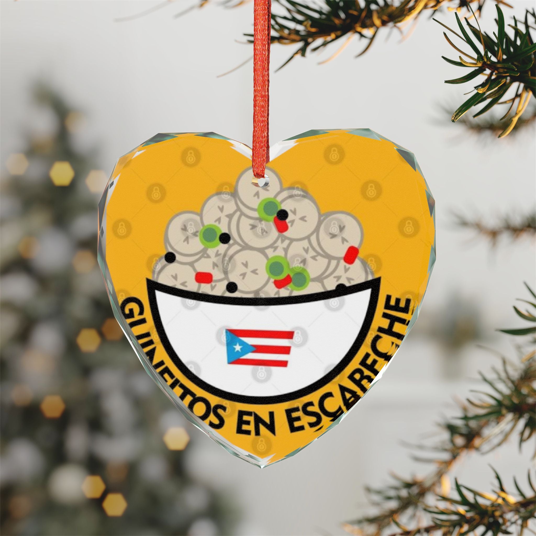 Heart-Shaped Crystal Glass Ornament - Puerto Rican Food Theme Feliz Navidad Boricua Glass Ornament
