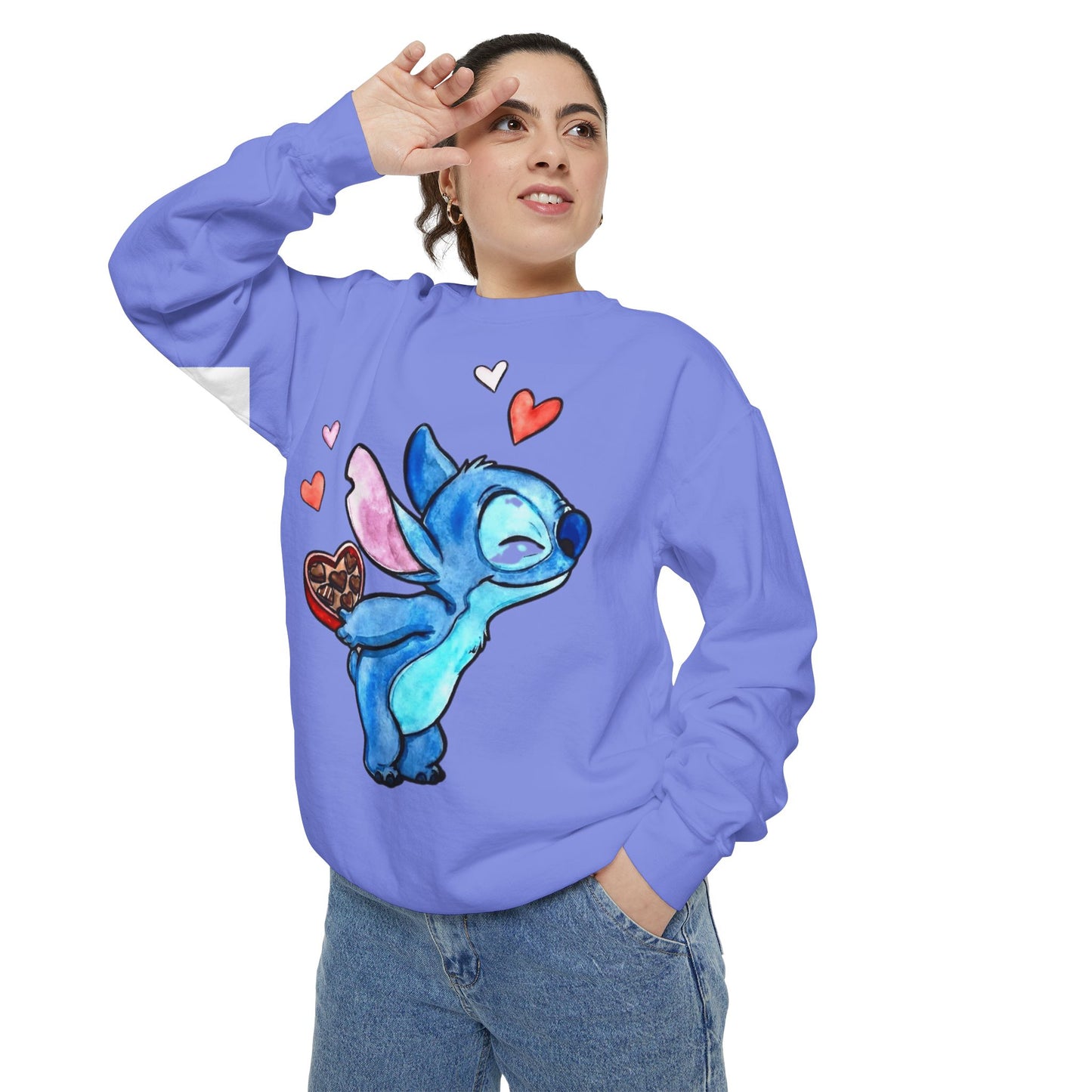 Stitch Valentine Sweatshirt — Cute Blue Alien with Hearts & Chocolate Pocket
