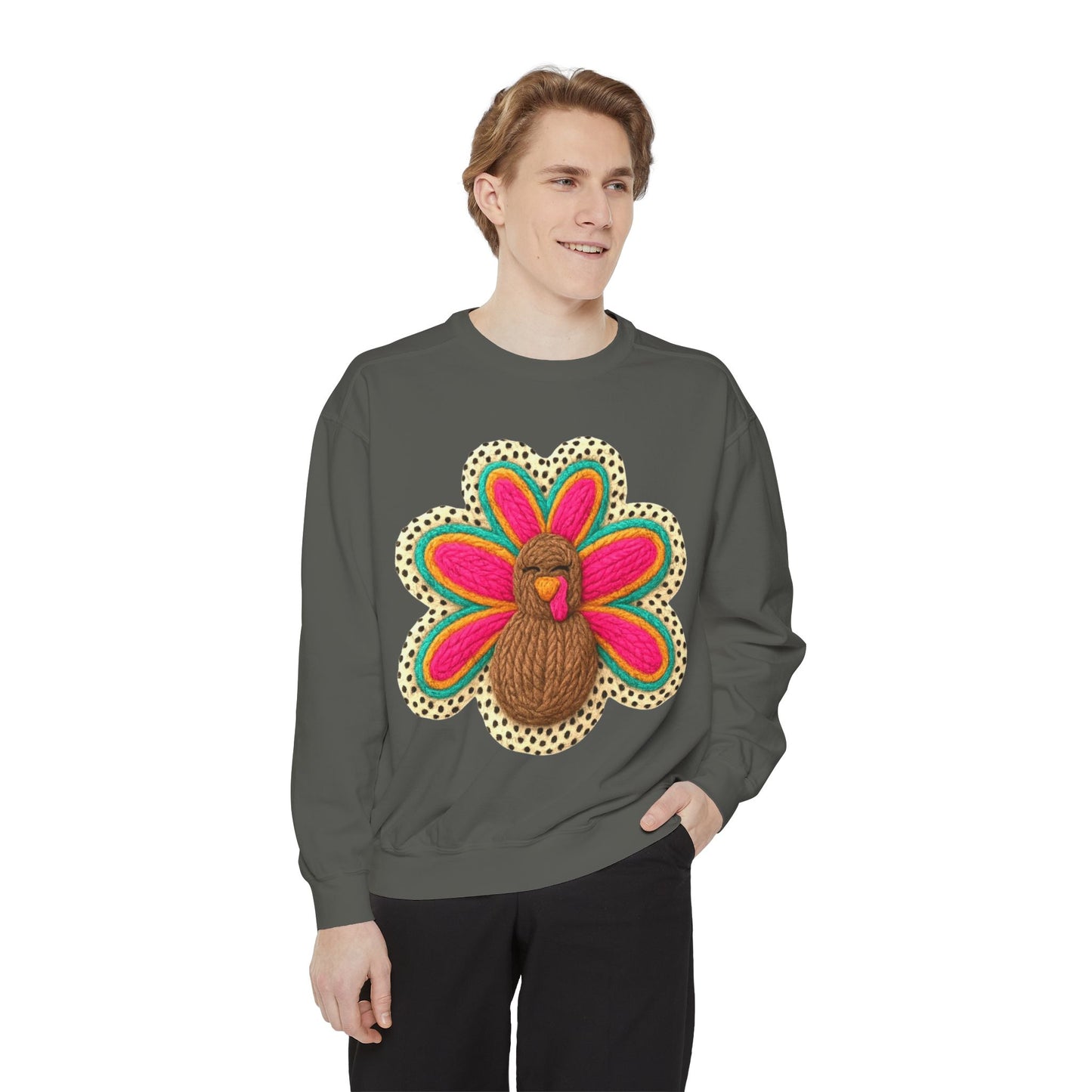 Festive Holiday Designs Turkey Patch Sweatshirt — Colorful Embroidered Thanksgiving Pullover
