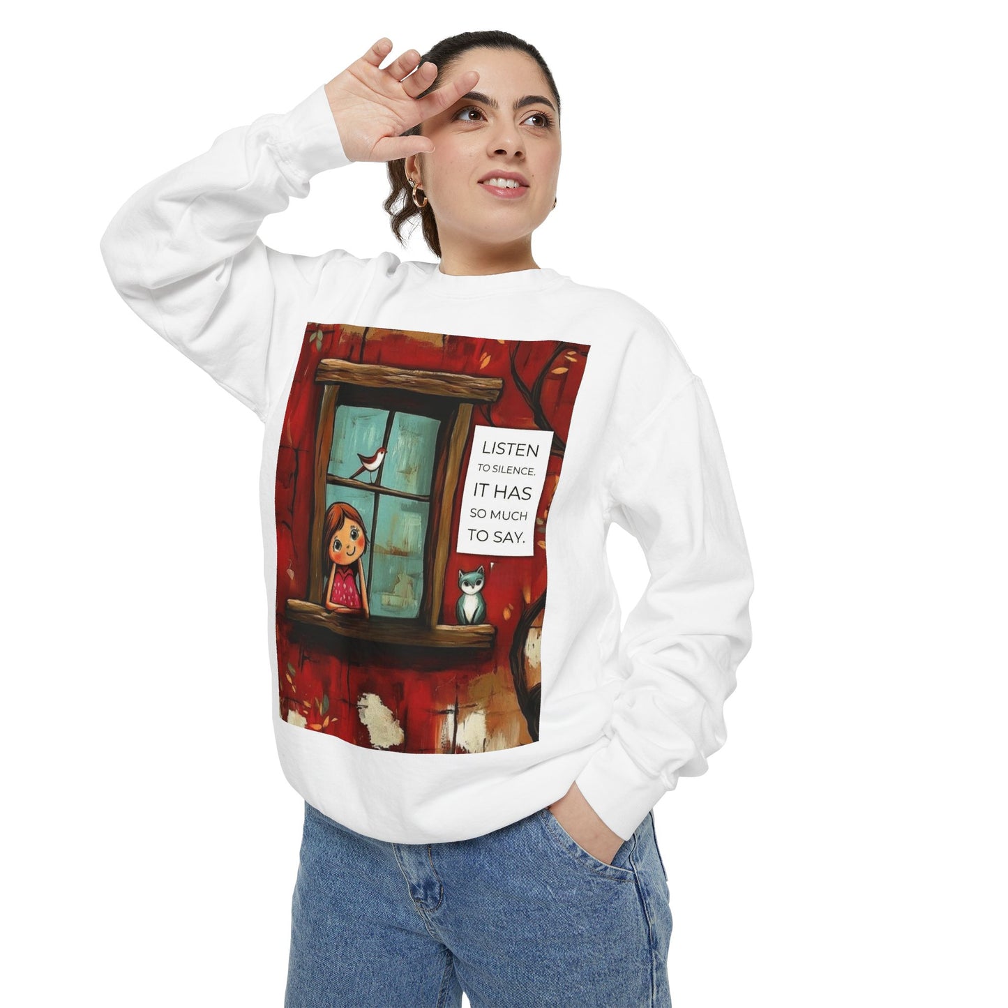 Cozy Window Scene Sweatshirt  "Listen, It Has So Much to Say" Graphic