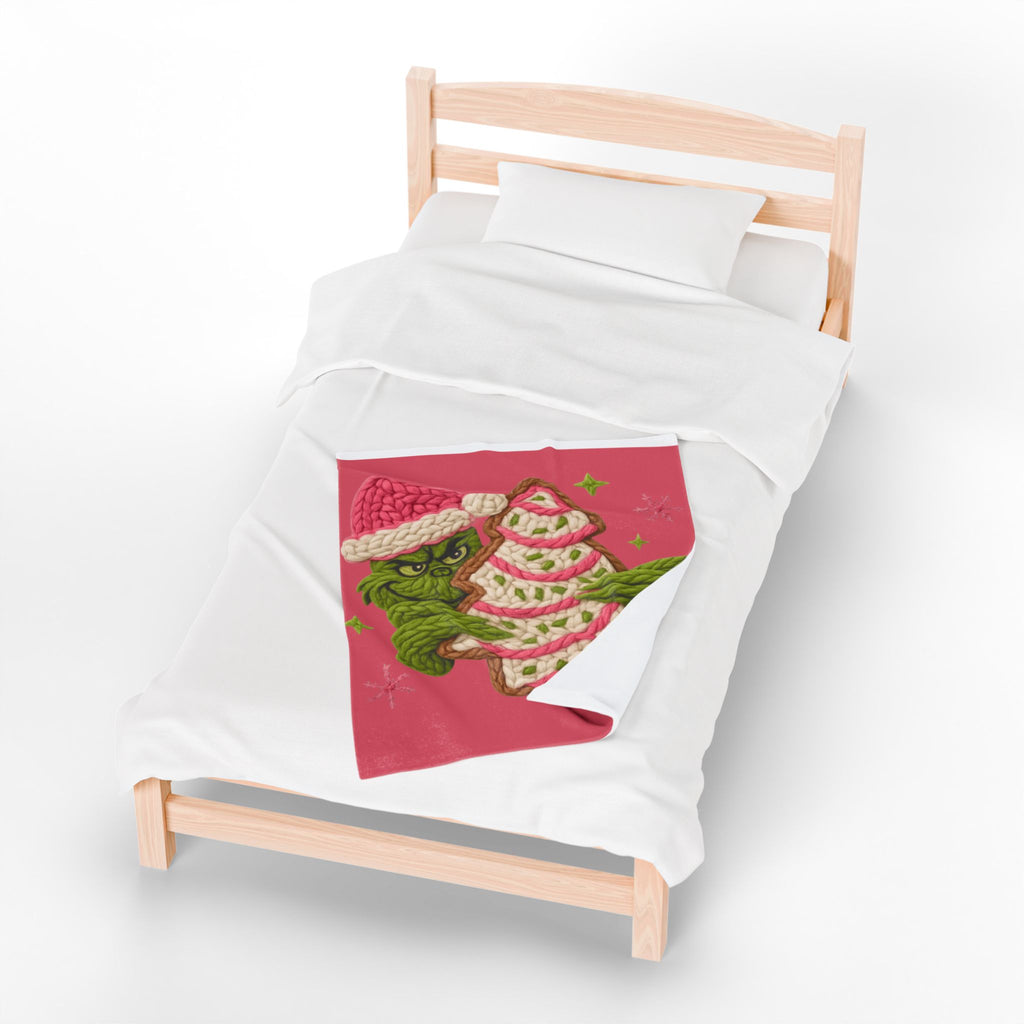 Grinch Holiday Plush Blanket – Cozy Velveteen Christmas Throw with Knitted Tree Design