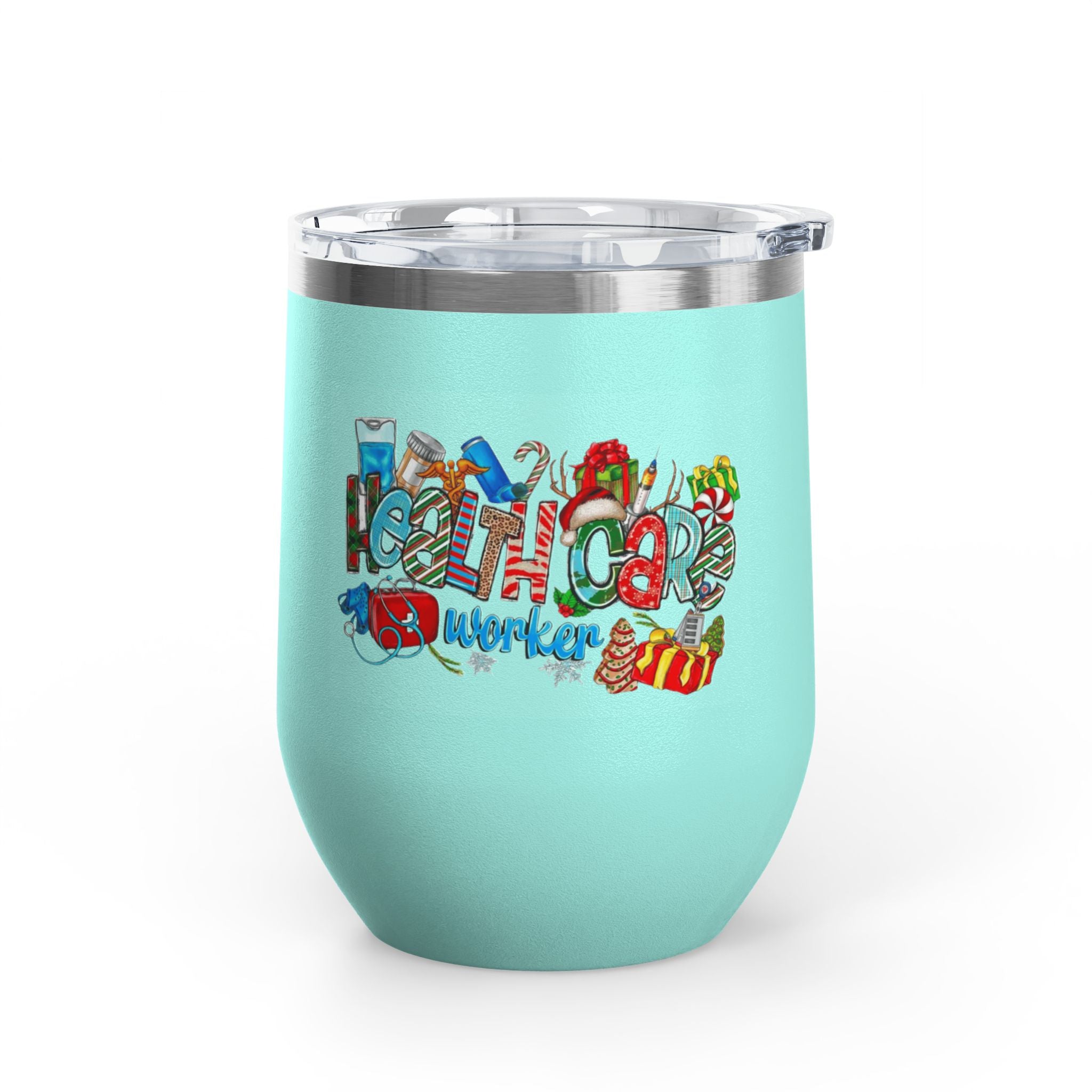 Healthcare Worker 12oz Wine Tumbler — Colorful Holiday Medical Staff Gift Medical Christmas Mug