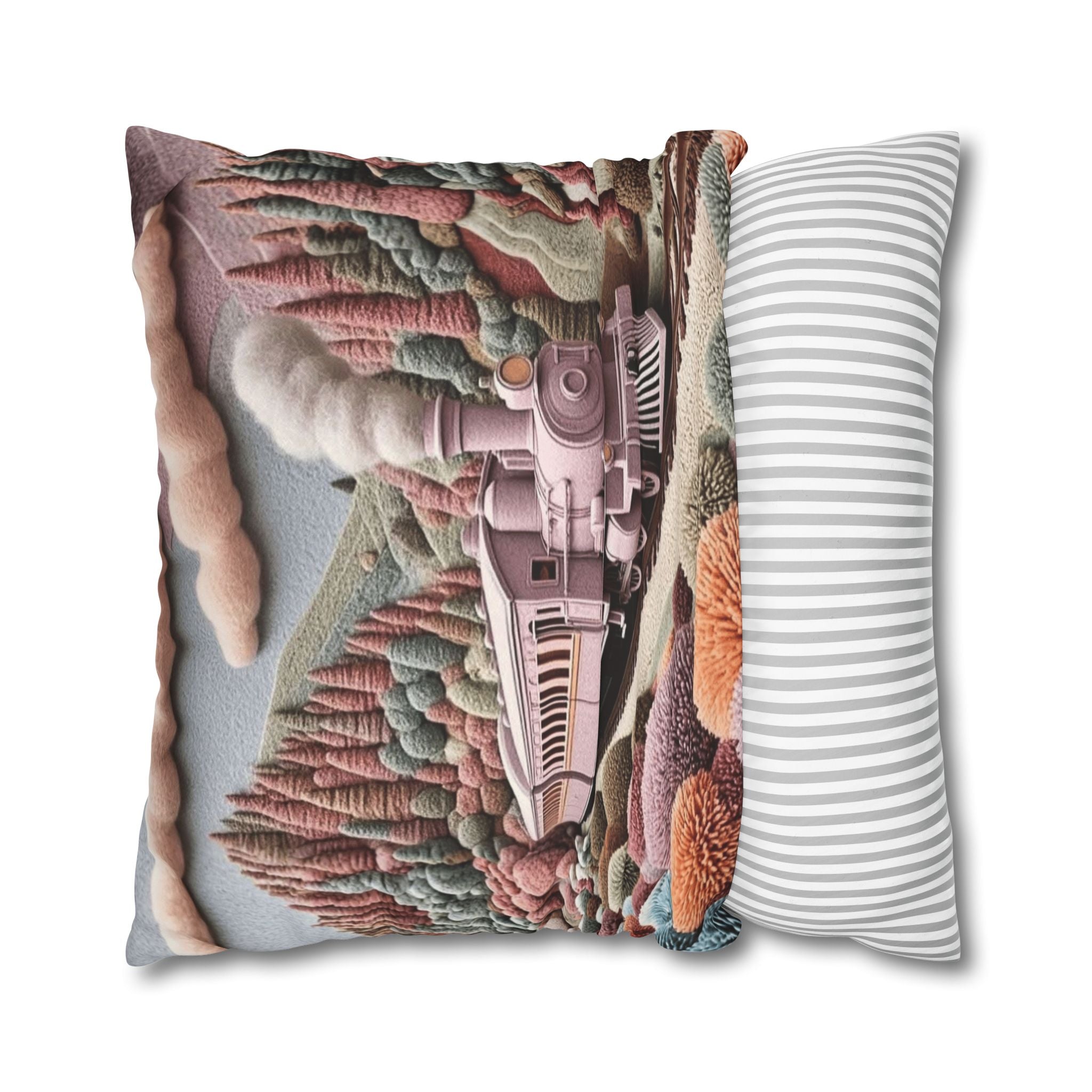 Vintage Pink Train Decorative Pillow – Whimsical Scenic Throw Pillowcase