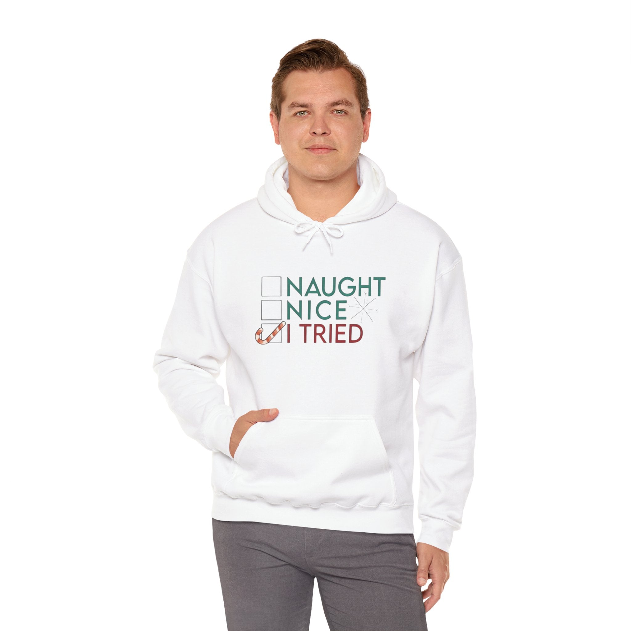 Holiday Hoodie — "Naughty, Nice, I Tried" Funny Christmas Sweatshirt