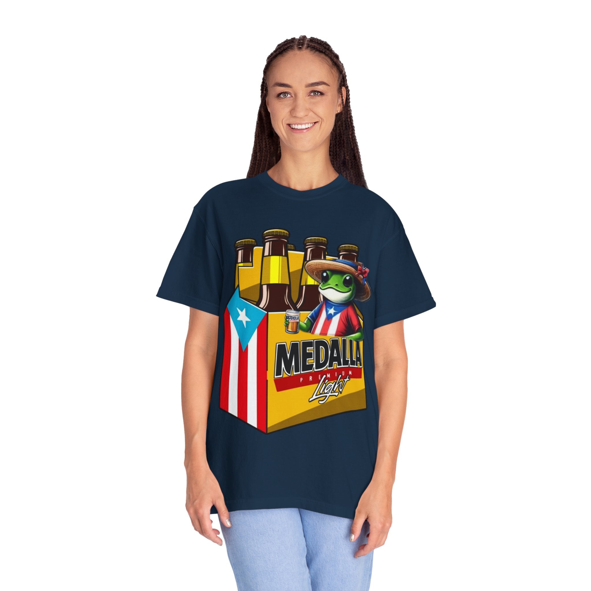 Medalla Light Puerto Rican Beer T-Shirt Coqui Frog Mascot Six-Pack Graphic Tee Puerto Rico’s Navidades