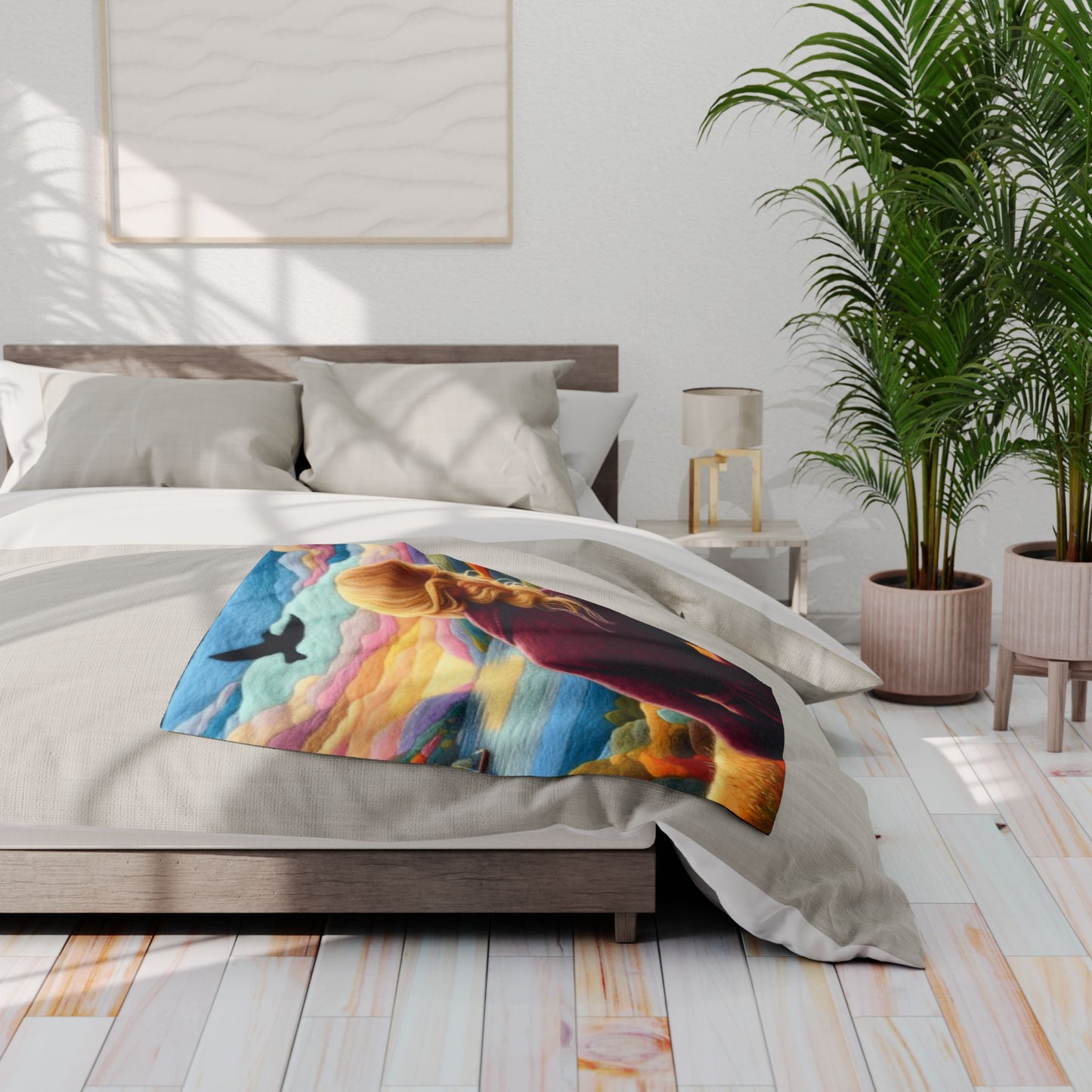 Scenic Girl Fleece Blanket — Cozy Sunset Landscape Throw