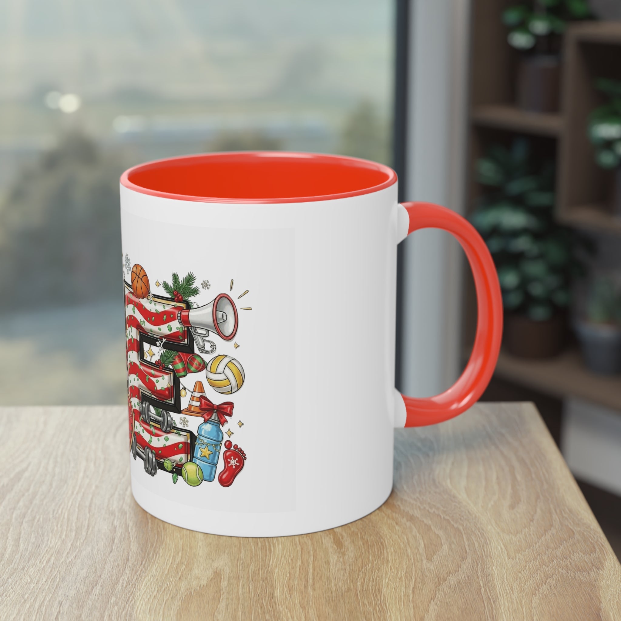Holiday Sports Mom Coffee Mug Festive 'PE' Candy-Stripe Design, 11oz Two-Tone School Staff Christmas Mug Collection,