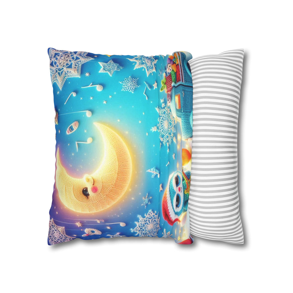 Whimsical Moon & Penguin Holiday Pillowcase  Faux Suede Square Throw Pillow