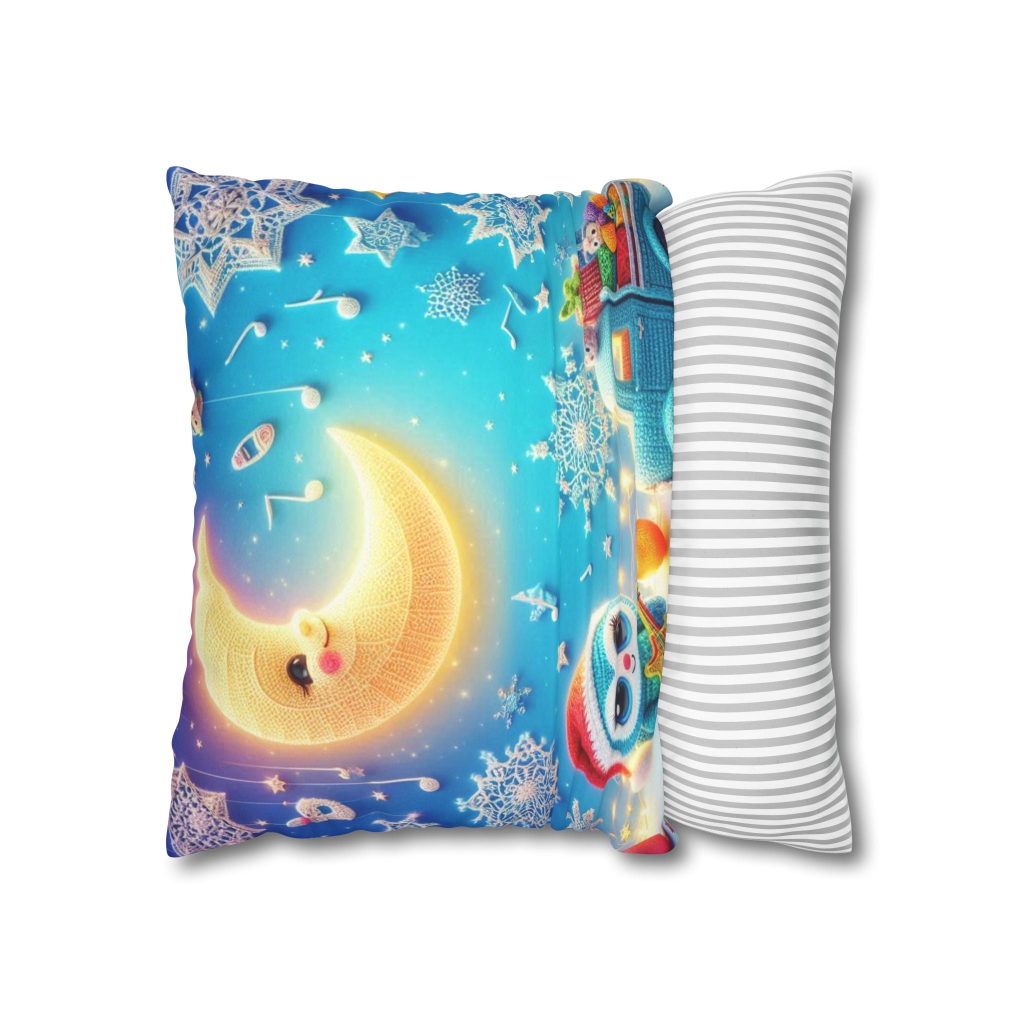 Whimsical Moon & Penguin Holiday Pillowcase  Faux Suede Square Throw Pillow