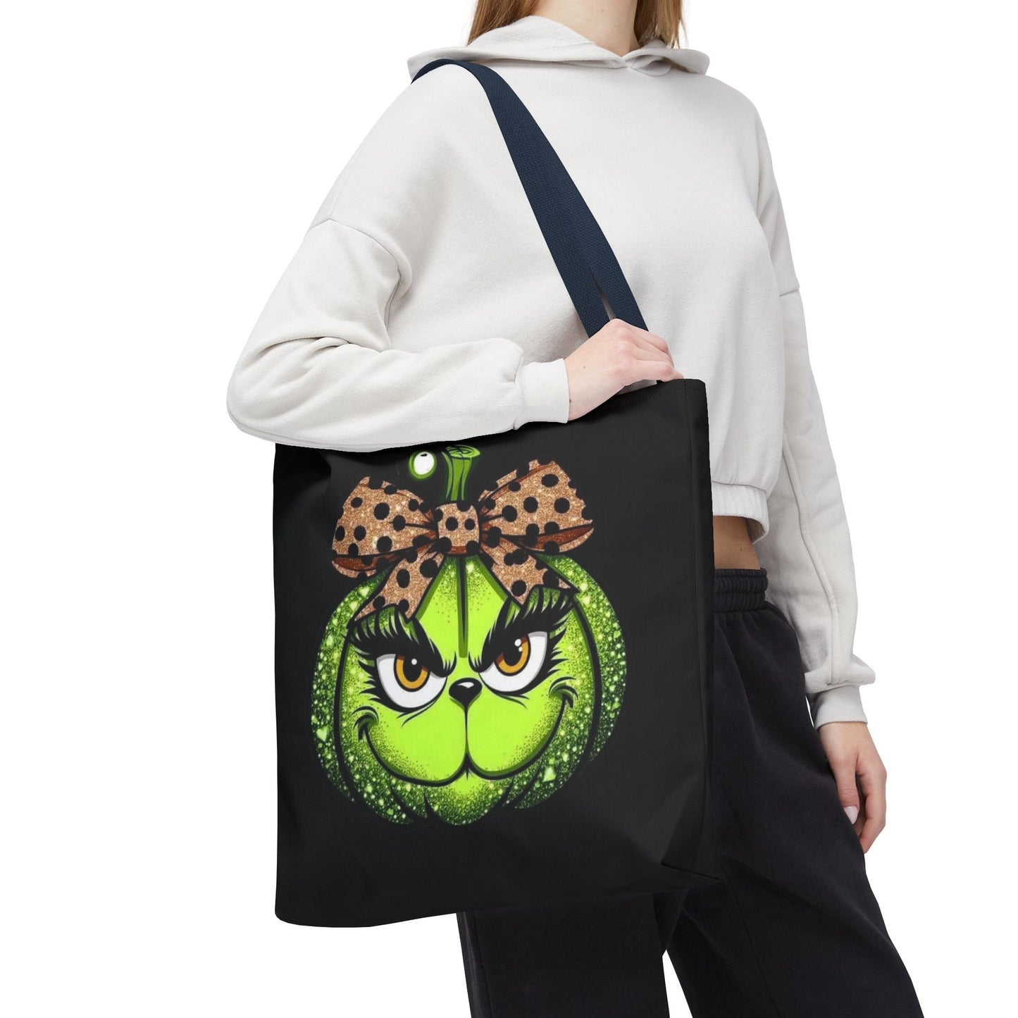 Grinch-Inspired Tote Bag with Polka Dot Bow Christmas Tote Bag Festive Holiday Design
