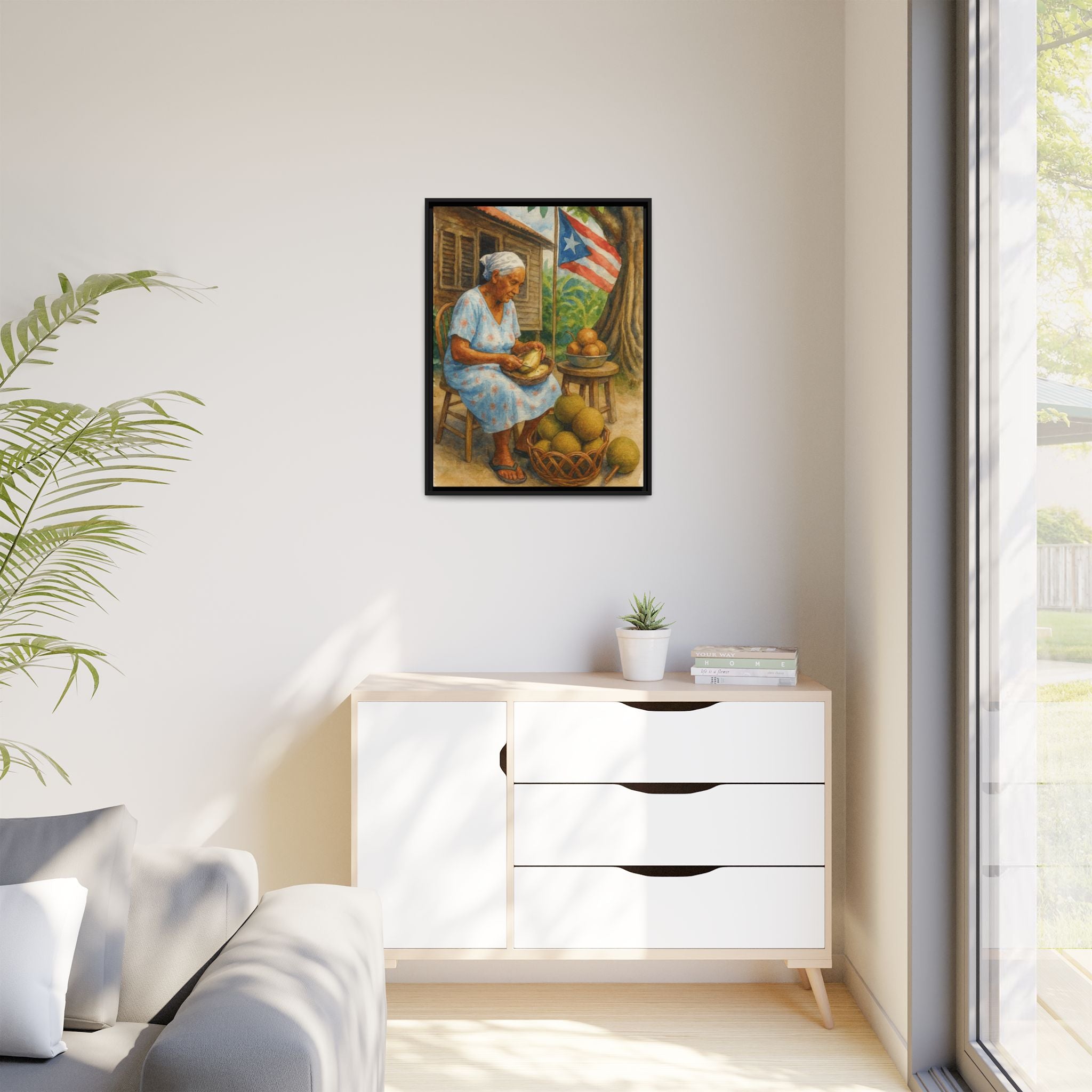 Cultural & Story-Driven These Puerto Rico inspired  Framed Matte Canvas Print  Woman Shelling Fruit Vintage Tropical Painting