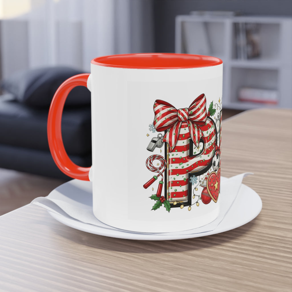 Holiday Sports Mom Coffee Mug Festive 'PE' Candy-Stripe Design, 11oz Two-Tone School Staff Christmas Mug Collection,