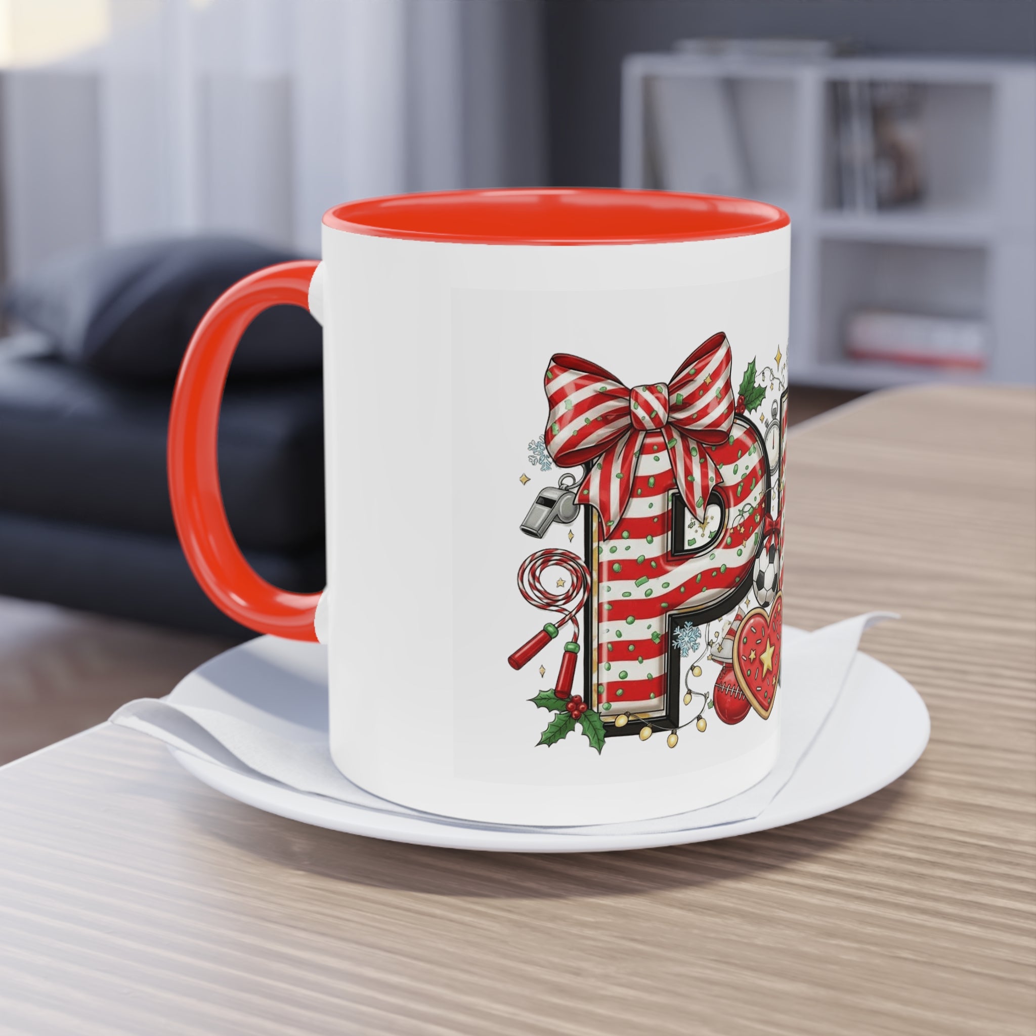 Holiday Sports Mom Coffee Mug Festive 'PE' Candy-Stripe Design, 11oz Two-Tone School Staff Christmas Mug Collection,