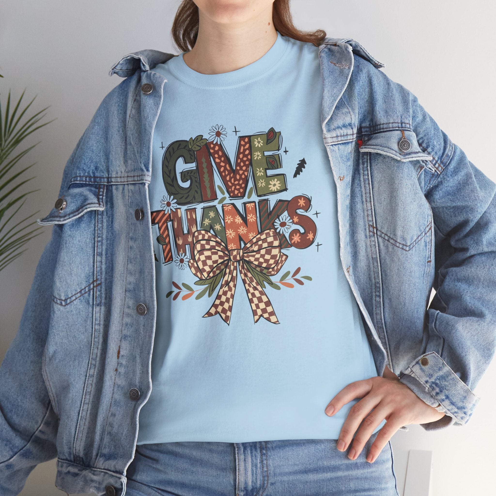 Give Thanks Tee Thanksgiving Graphic T-Shirt with Rustic Bow Design